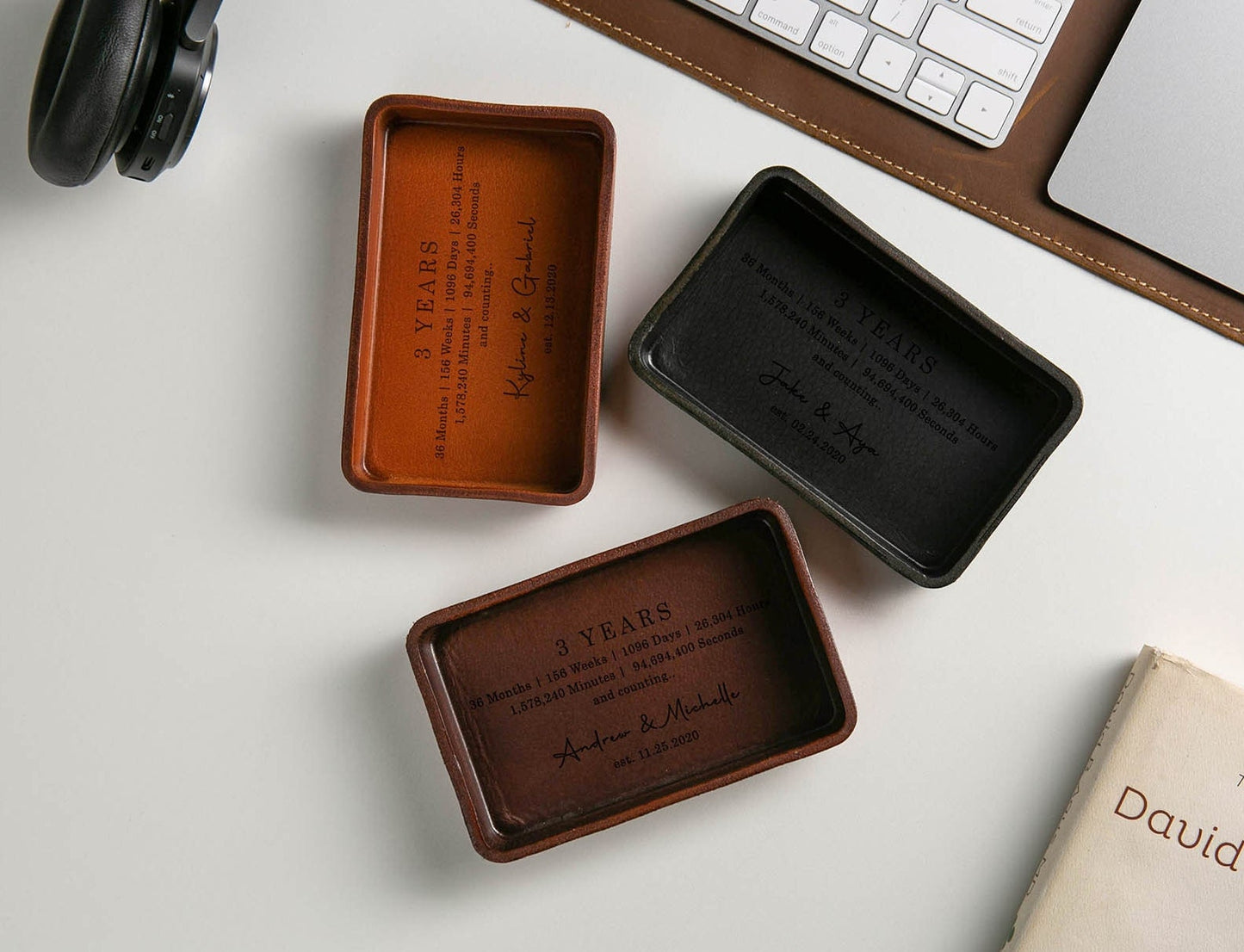 Vegetable Tanned Hard Leather Valet (Design 4) - Custom Engraved Tray, Personalized Honeymoon Gift, 3 Year Anniversary Boyfriend Husband