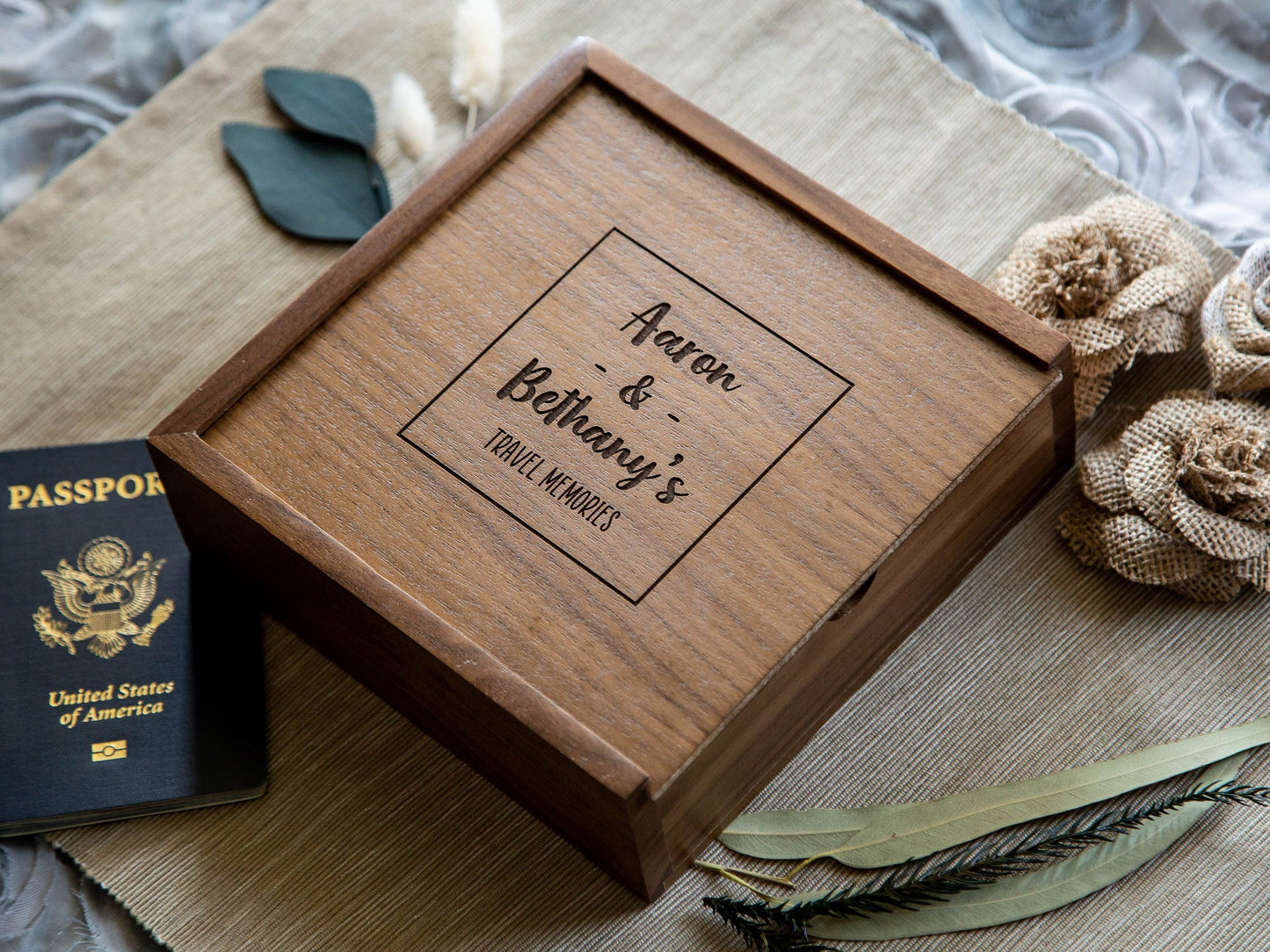 Travel Keepsake Box - Custom Wood Box for Letter Post Card Trinket Photo, Birthday Anniversary Gift for Husband Wife, Letter Card Storage