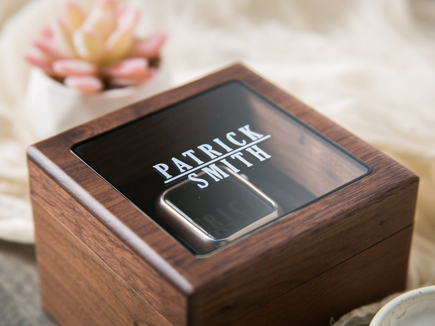 Watch Box w/ Glass Top & Pillow (Watch NOT Included) - Walnut Wood Apple Watch Accessory Gift Box for Father of the Bride Groom Dad Husband