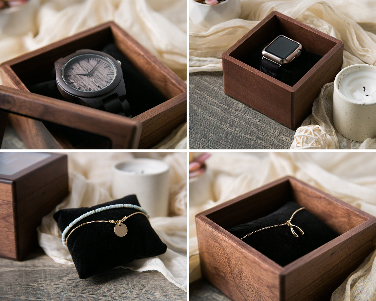 Watch Box w/ Glass Top & Pillow (Watch NOT Included) - Walnut Wood Apple Watch Accessory Gift Box for Father of the Bride Groom Dad Husband
