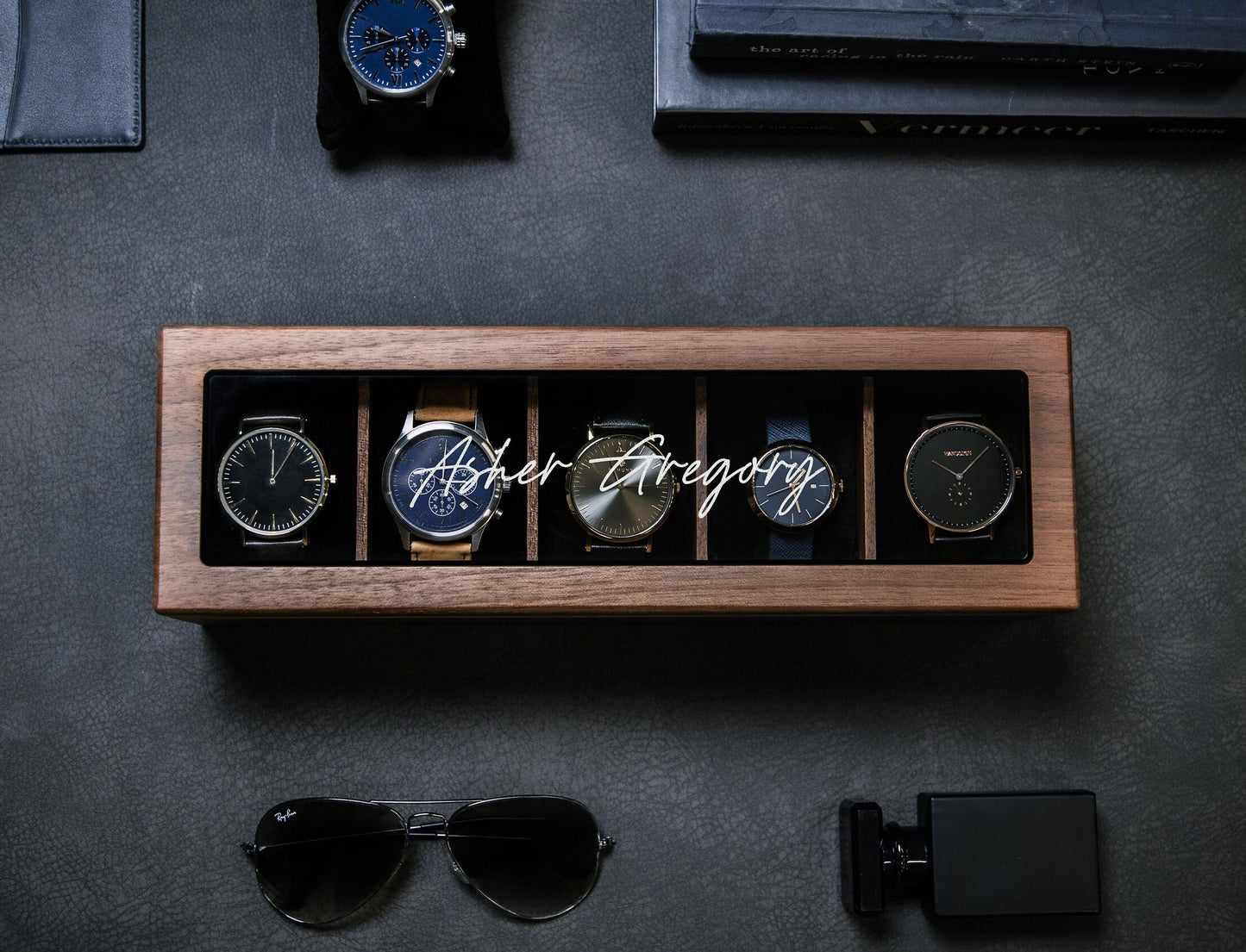 Wide Wood Watch Box (Design 4) - Custom Mens 5 Slot Watch Collection Keepsake Storage Case Personalized Gift for Dad Son Husband Boyfriend