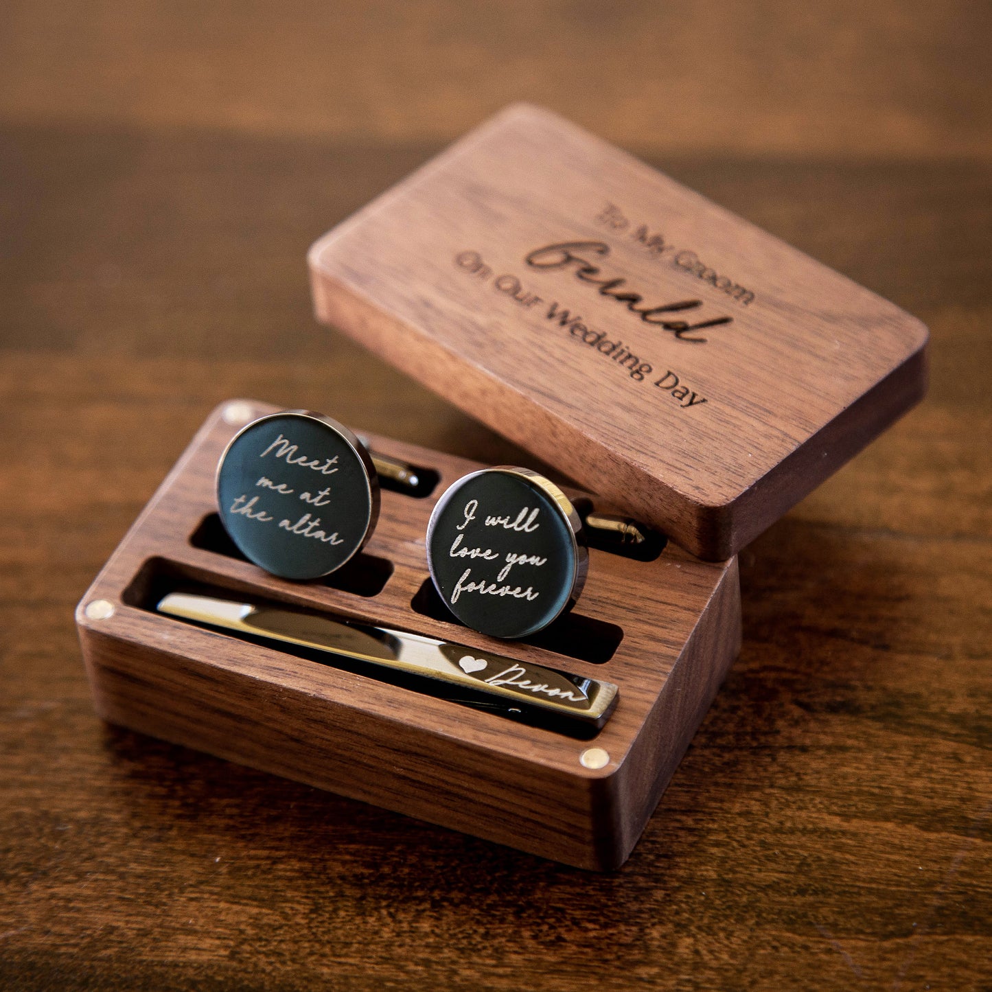 Metal Cufflinks, Tie Clip & Rectangle Gift Box - Wedding Day Cuff links Groom, Custom Fiancé Husband Birthday Anniversary Honeymoon Gift