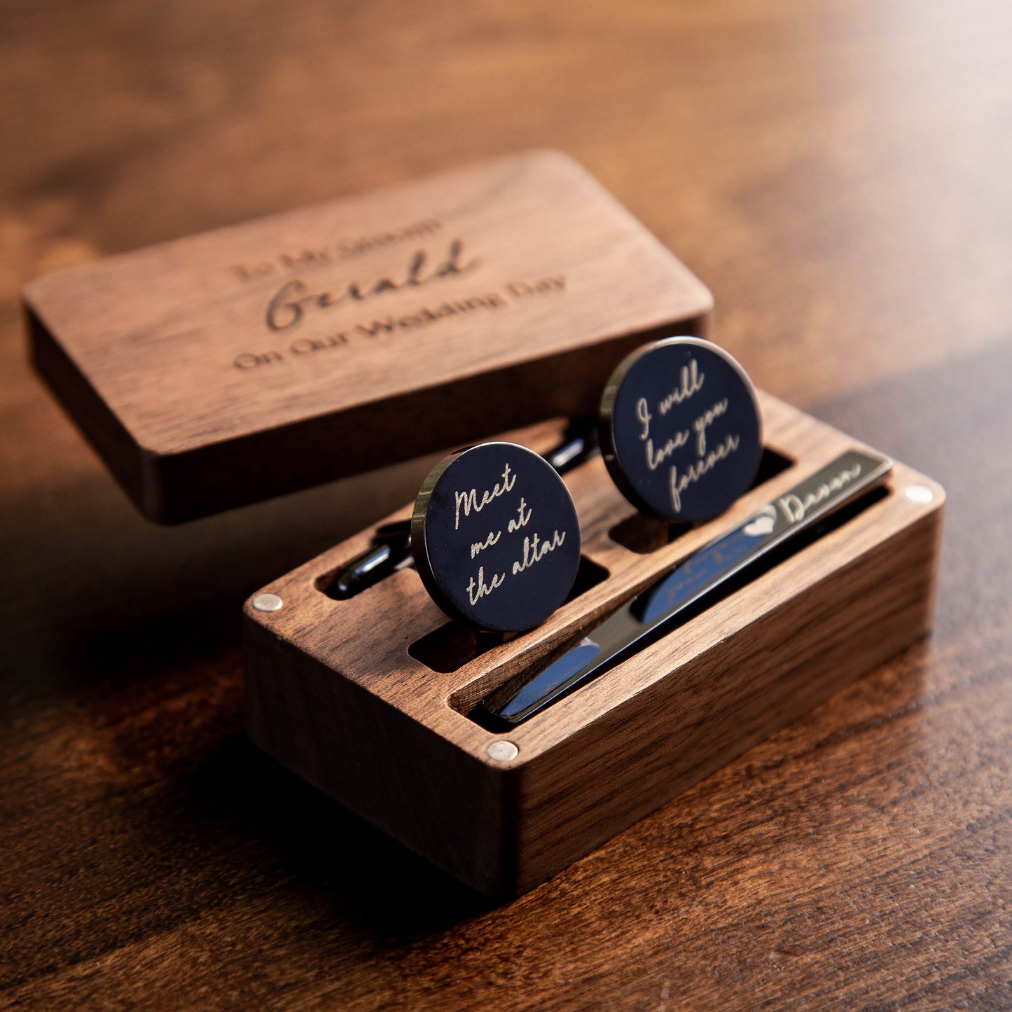 Metal Cufflinks, Tie Clip & Rectangle Gift Box - Wedding Day Cuff links Groom, Custom Fiancé Husband Birthday Anniversary Honeymoon Gift