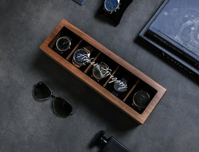 Wide Wood Watch Box (Design 4) - Custom Mens 5 Slot Watch Collection Keepsake Storage Case Personalized Gift for Dad Son Husband Boyfriend