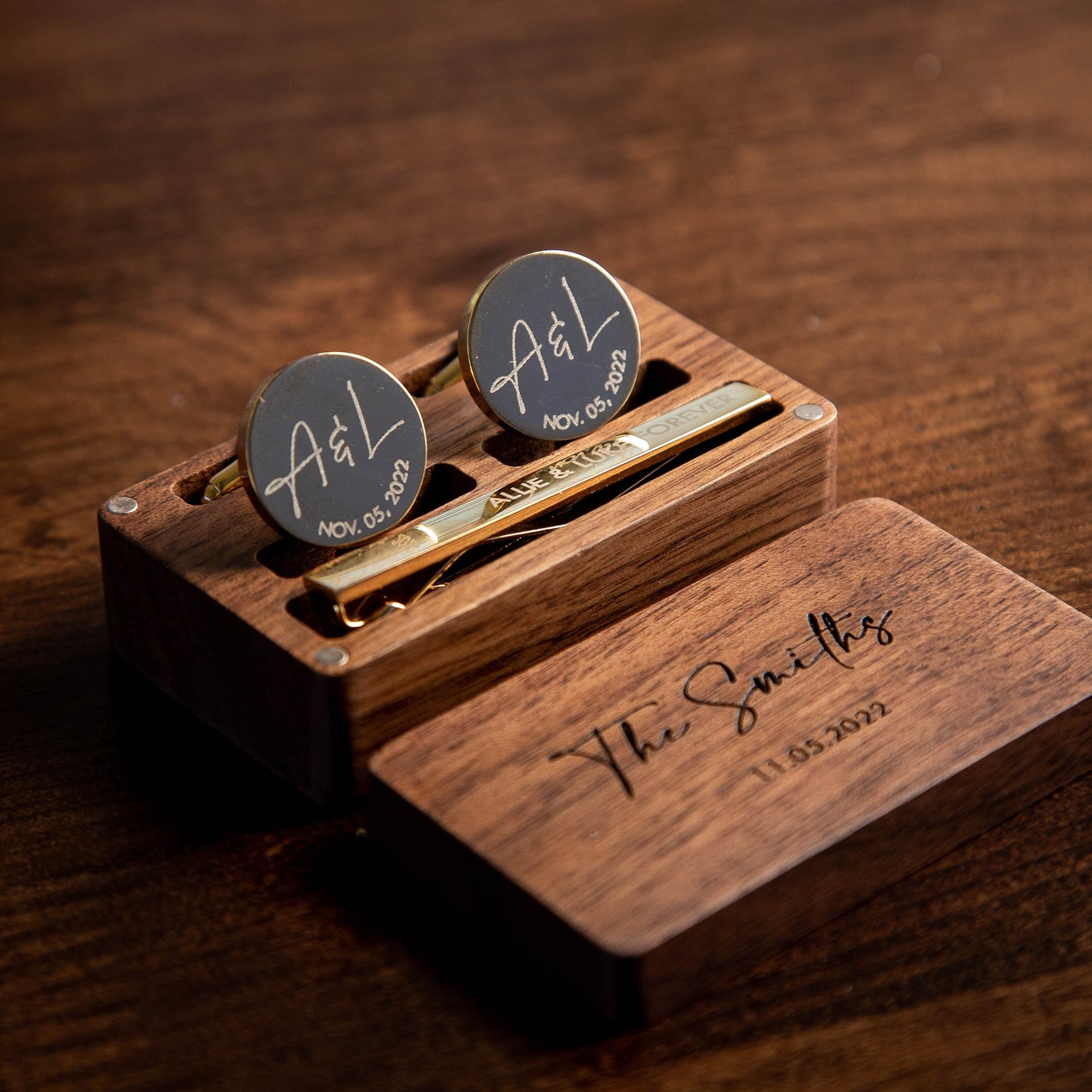 Metal Cufflinks, Tie Clip & Rectangle Gift Box - Wedding Day Cuff links Groom, Custom Fiancé Husband Birthday Anniversary Honeymoon Gift