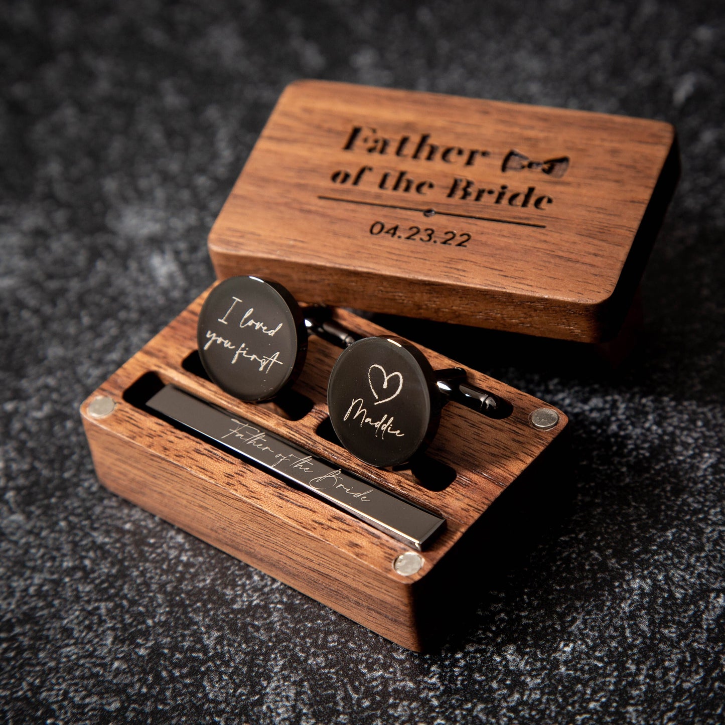 Metal Cufflinks, Tie Clip & Rectangle Gift Box - Wedding Day Cuff links Groom, Custom Fiancé Husband Birthday Anniversary Honeymoon Gift