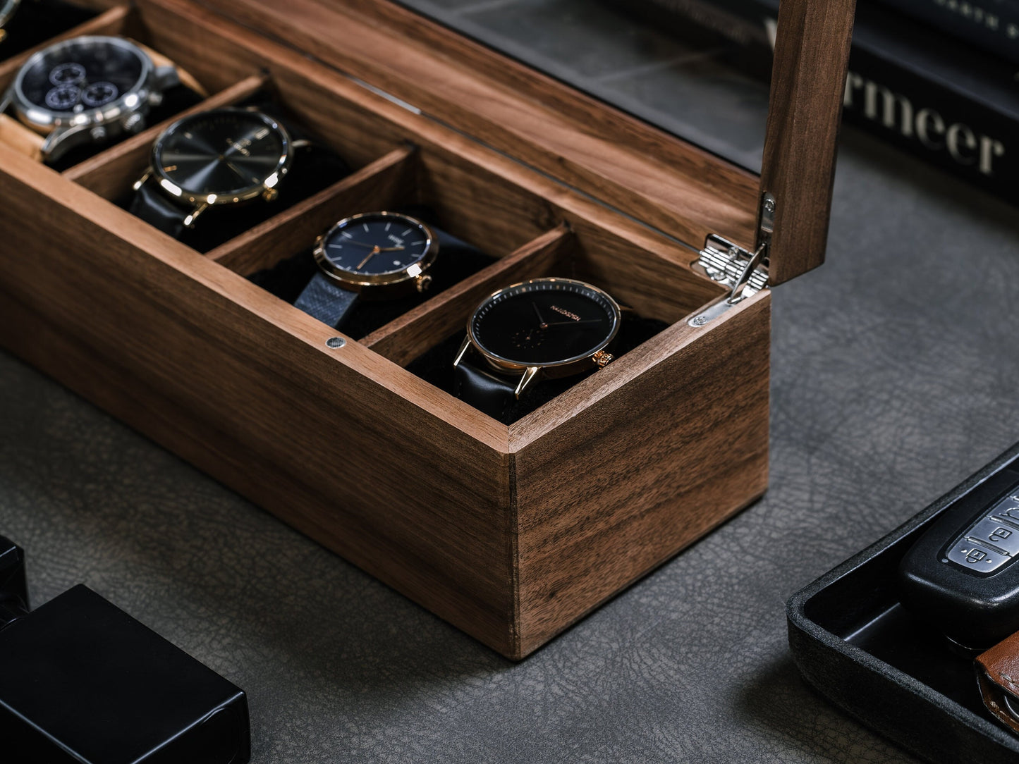 Wide Wood Watch Box (Design 4) - Custom Mens 5 Slot Watch Collection Keepsake Storage Case Personalized Gift for Dad Son Husband Boyfriend