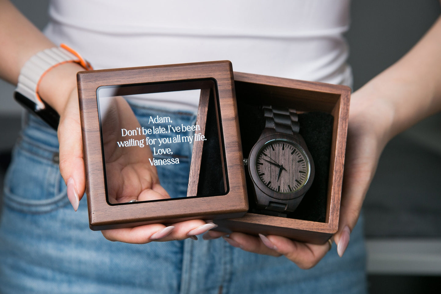 Engraved Wood Watch & Glass Top Walnut Gift Box - Mens 5th Anniversary Gift Husband, Wedding Gift Father of Bride Groom Dad Teacher
