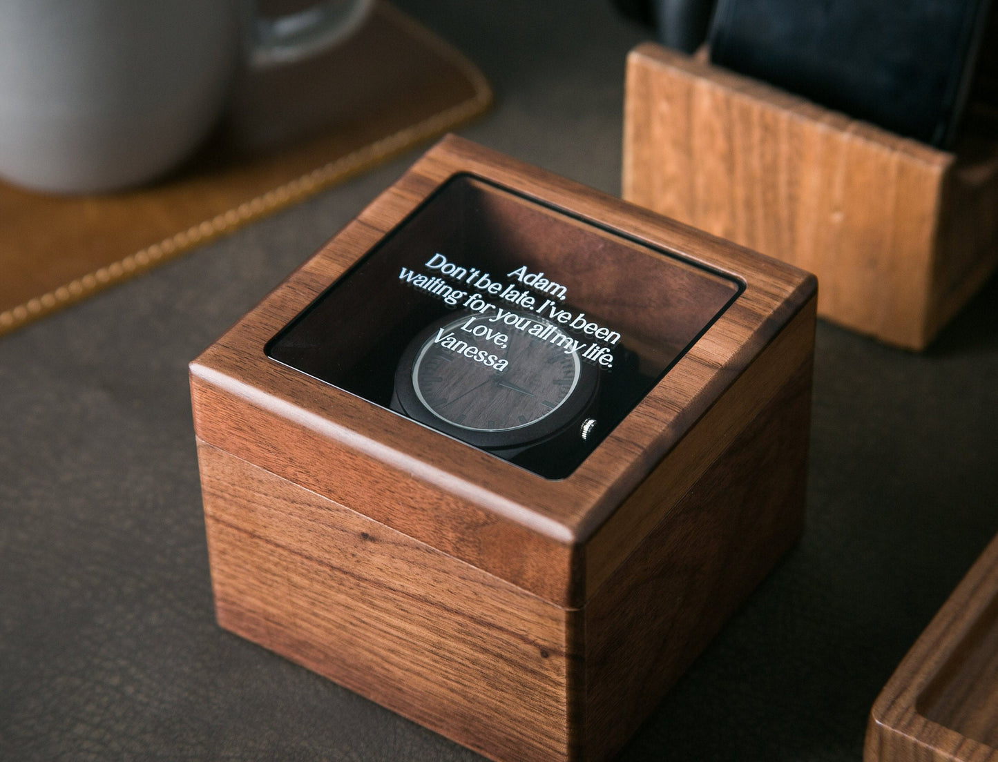 Engraved Wood Watch & Glass Top Walnut Gift Box - Mens 5th Anniversary Gift Husband, Wedding Gift Father of Bride Groom Dad Teacher