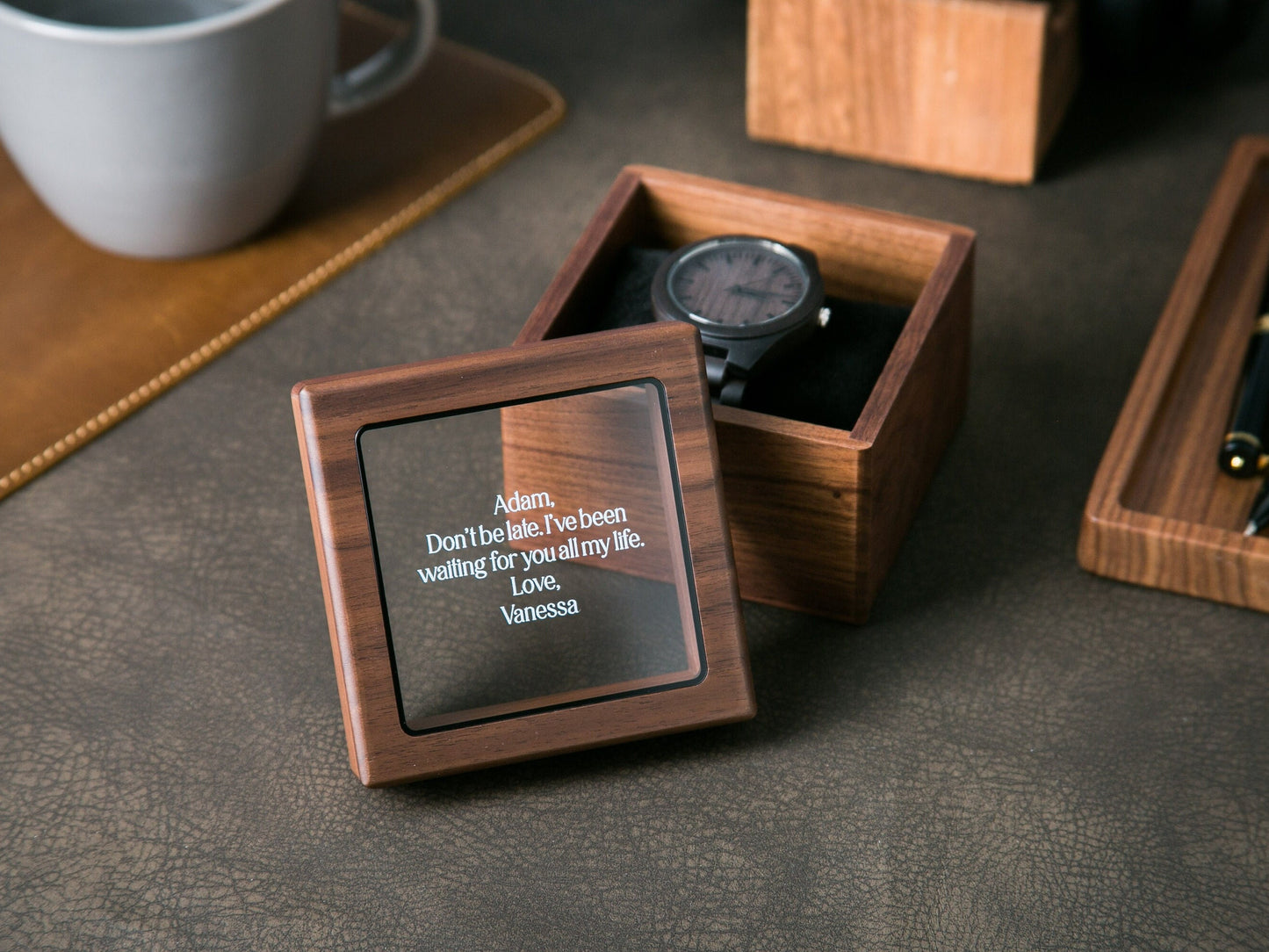 Engraved Wood Watch & Glass Top Walnut Gift Box - Mens 5th Anniversary Gift Husband, Wedding Gift Father of Bride Groom Dad Teacher