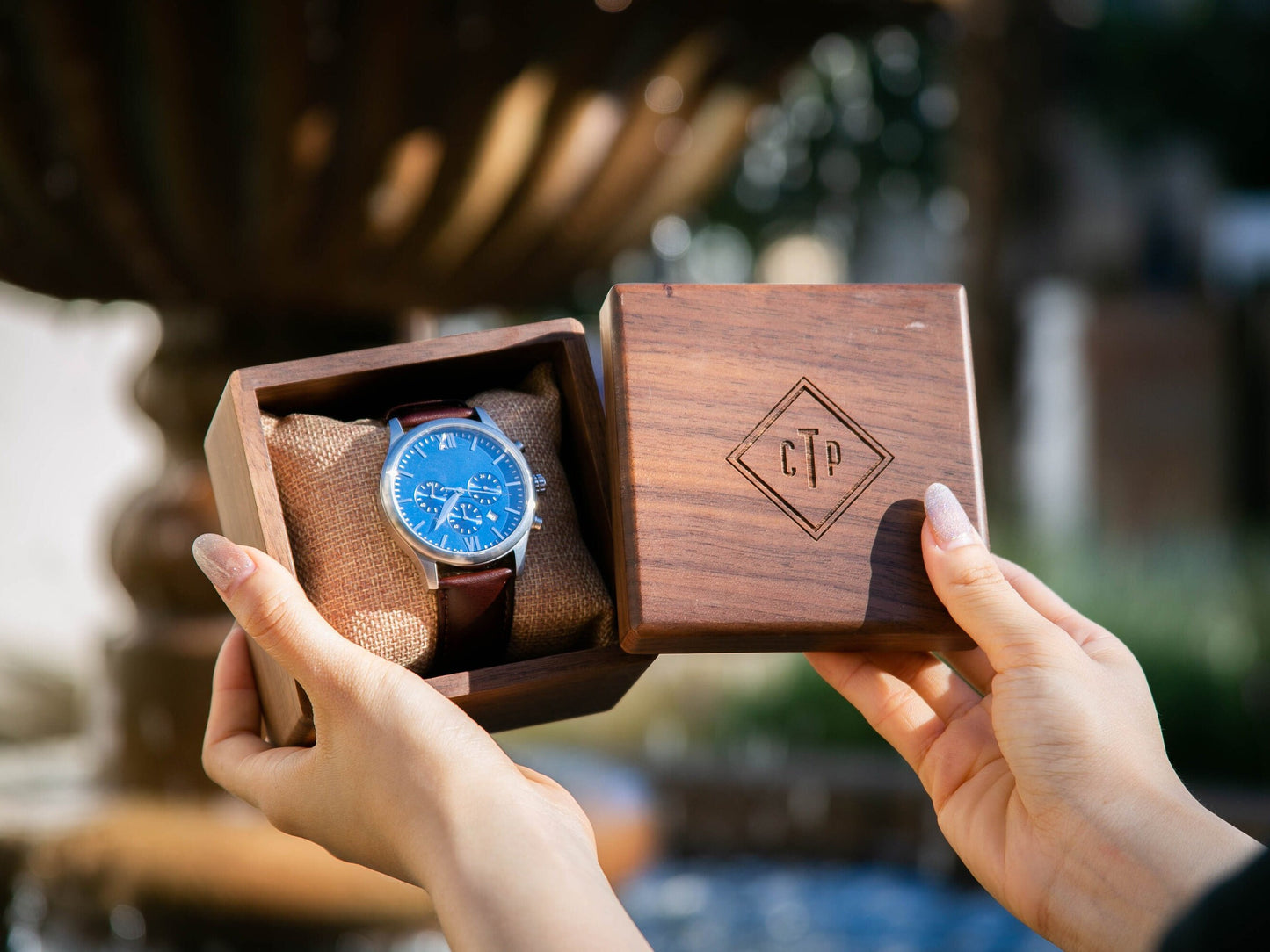 Metal Watch & Walnut Gift Box - Mens Watch, 5th Anniversary or Honeymoon Gift Husband, Wedding Day for Father of Bride Groom Dad Son Brother