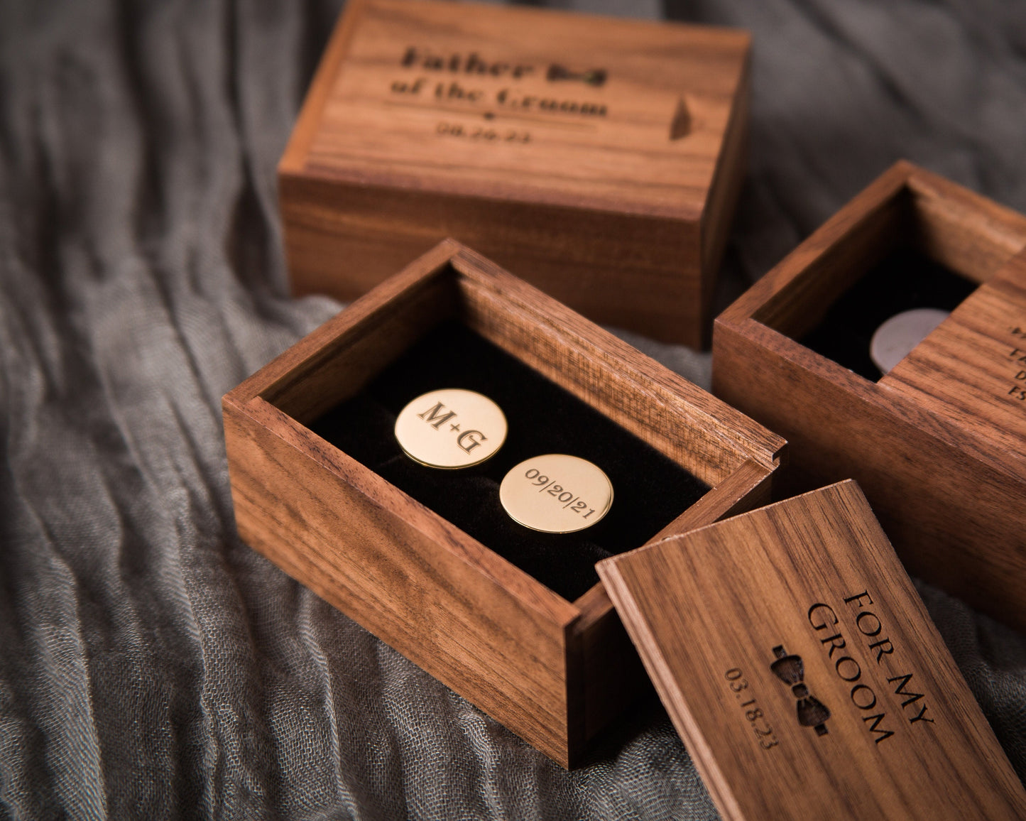 Metal Cufflinks & Tall Walnut Box SET - Custom Wedding Gift for Groomsmen Best Man Groom Father of the Bride, Husband Anniversary Gift