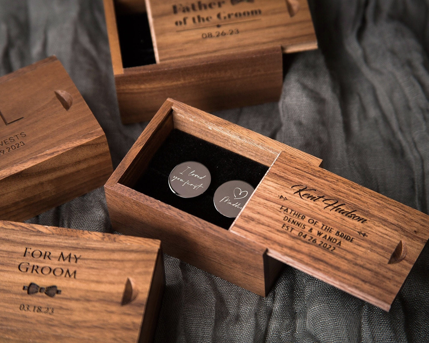 Metal Cufflinks & Tall Walnut Box SET - Custom Wedding Gift for Groomsmen Best Man Groom Father of the Bride, Husband Anniversary Gift