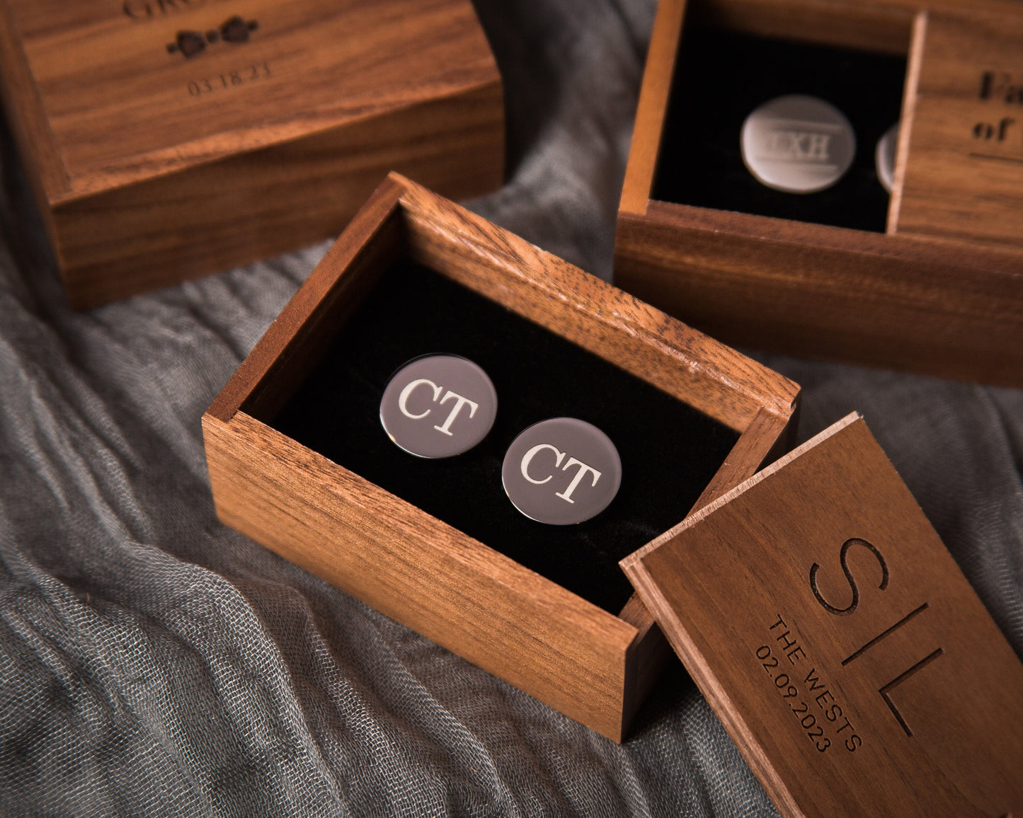 Metal Cufflinks & Tall Walnut Box SET - Custom Wedding Gift for Groomsmen Best Man Groom Father of the Bride, Husband Anniversary Gift