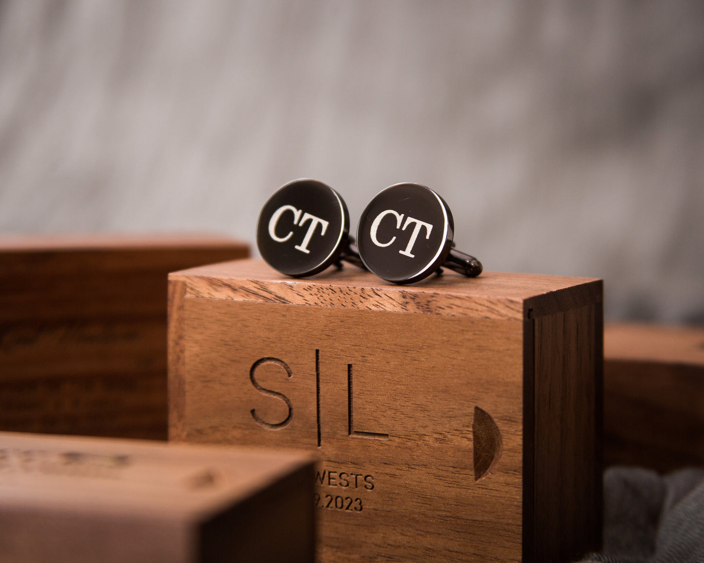 Metal Cufflinks & Tall Walnut Box SET - Custom Wedding Gift for Groomsmen Best Man Groom Father of the Bride, Husband Anniversary Gift