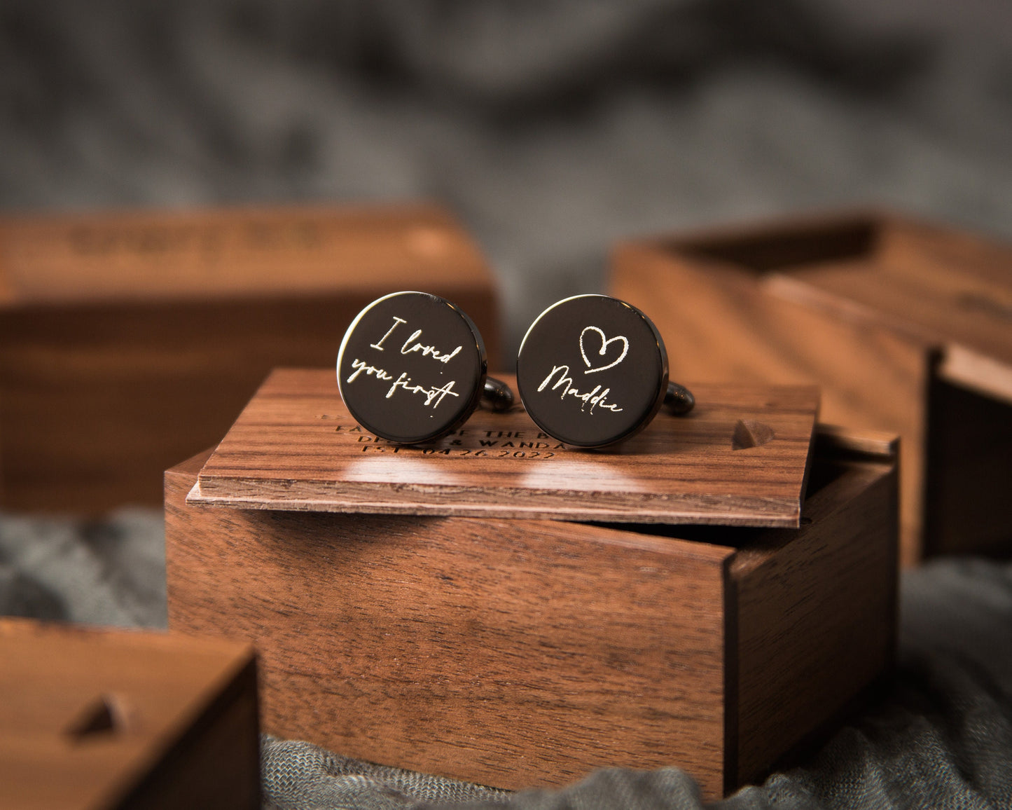 Metal Cufflinks & Tall Walnut Box SET - Custom Wedding Gift for Groomsmen Best Man Groom Father of the Bride, Husband Anniversary Gift