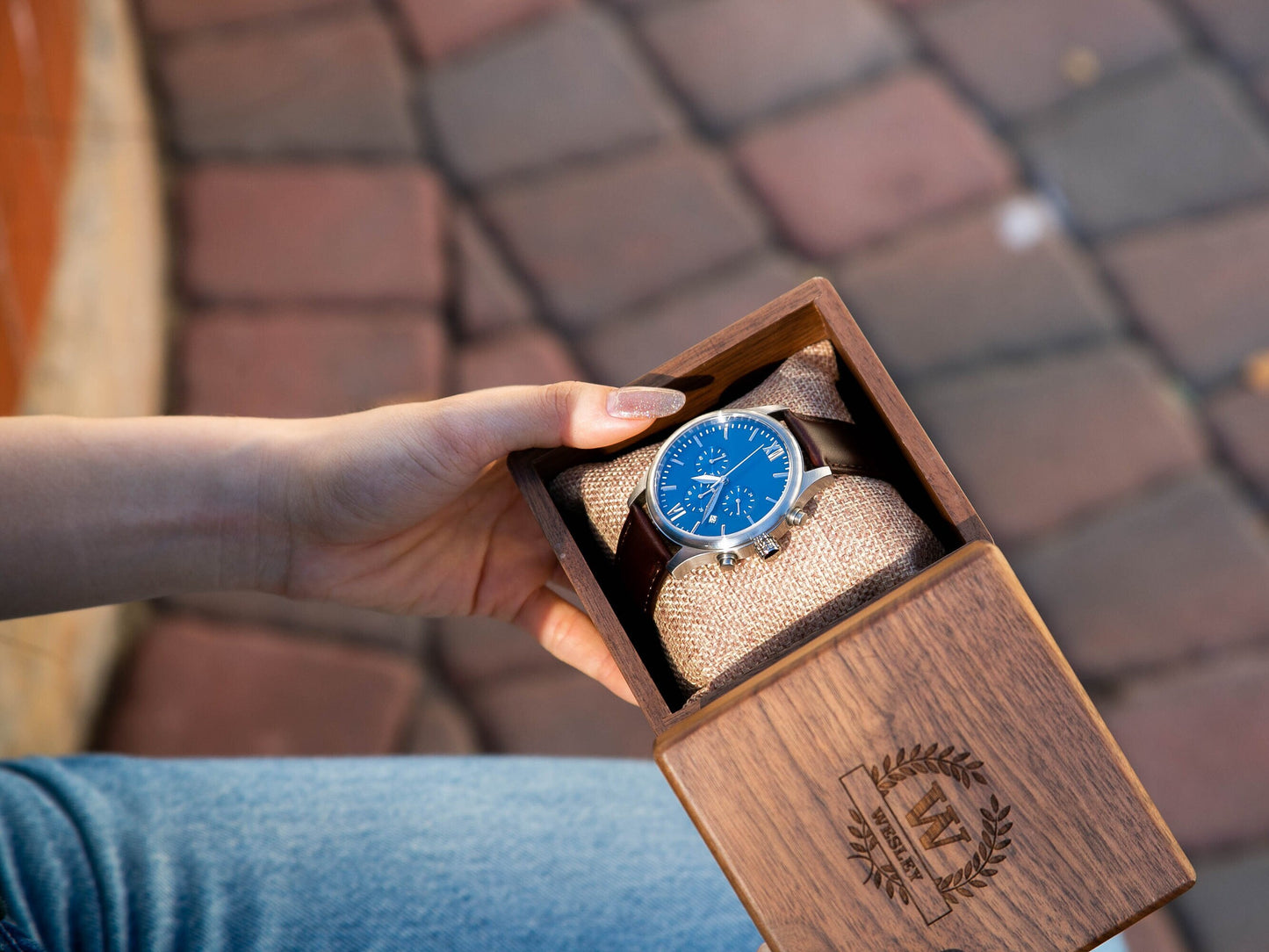 Metal Watch & Walnut Gift Box - Mens Watch, 5th Anniversary or Honeymoon Gift Husband, Wedding Day for Father of Bride Groom Dad Son Brother