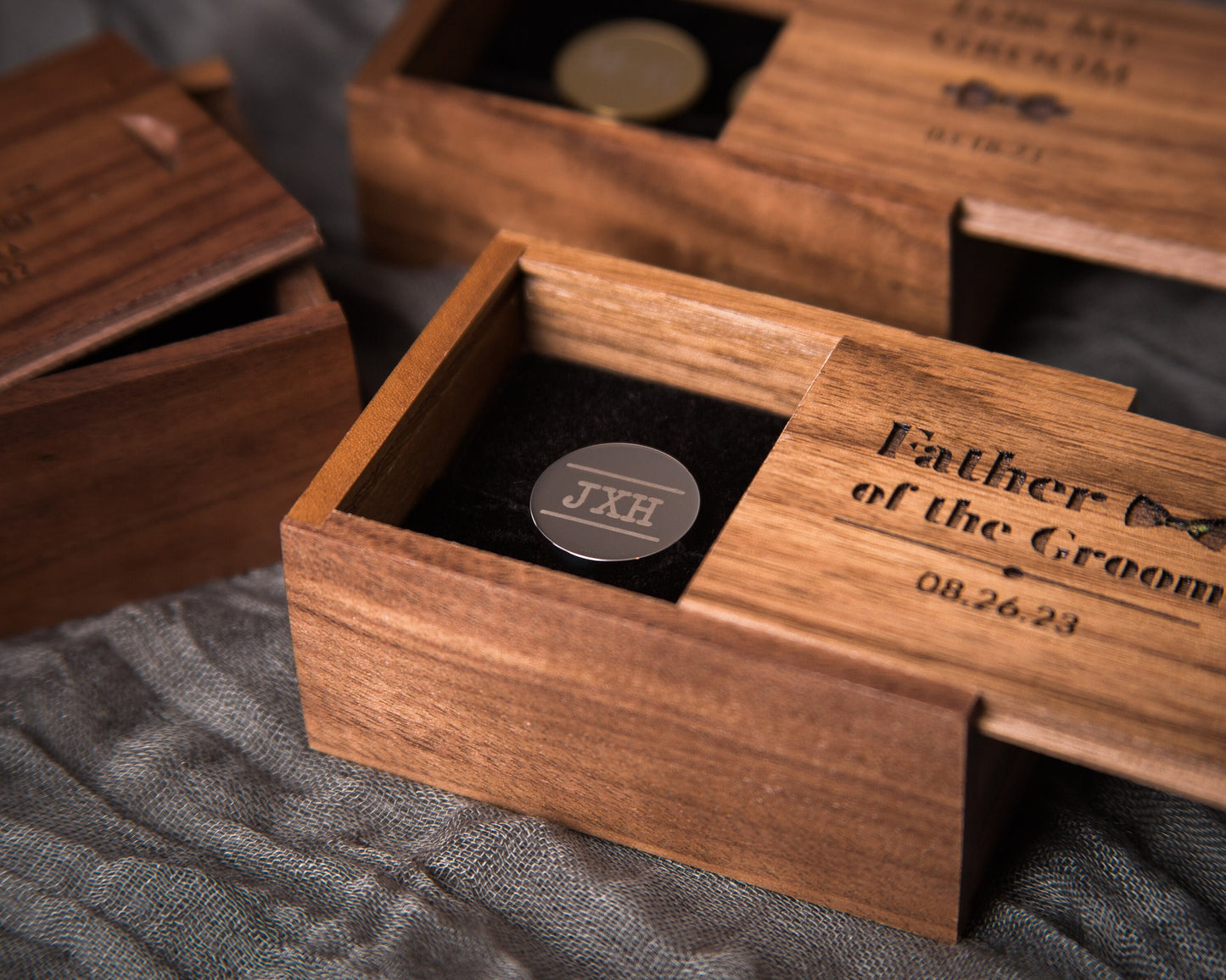 Metal Cufflinks & Tall Walnut Box SET - Custom Wedding Gift for Groomsmen Best Man Groom Father of the Bride, Husband Anniversary Gift