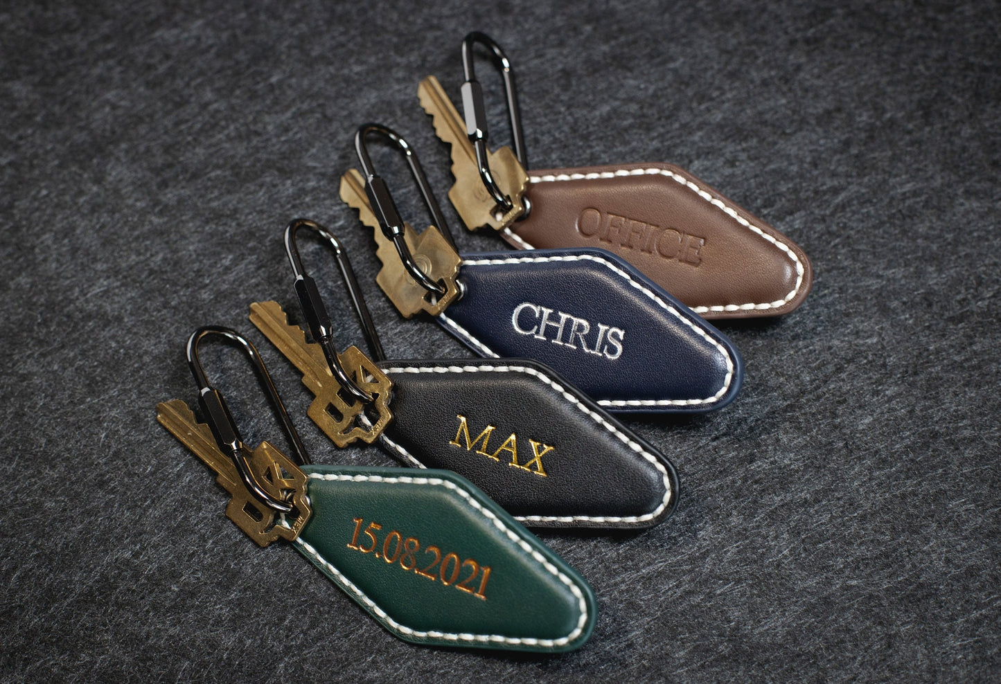 Embossed Diamond Leather Keychains (Name) - Personalized Leather Key Holder Organizer, Anniversary Birthday Travel Military Officer Gift