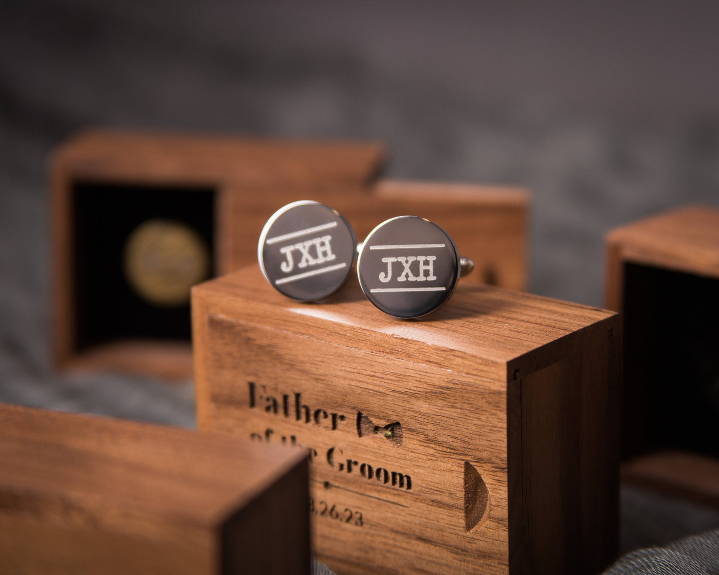 Metal Cufflinks & Tall Walnut Box SET - Custom Wedding Gift for Groomsmen Best Man Groom Father of the Bride, Husband Anniversary Gift