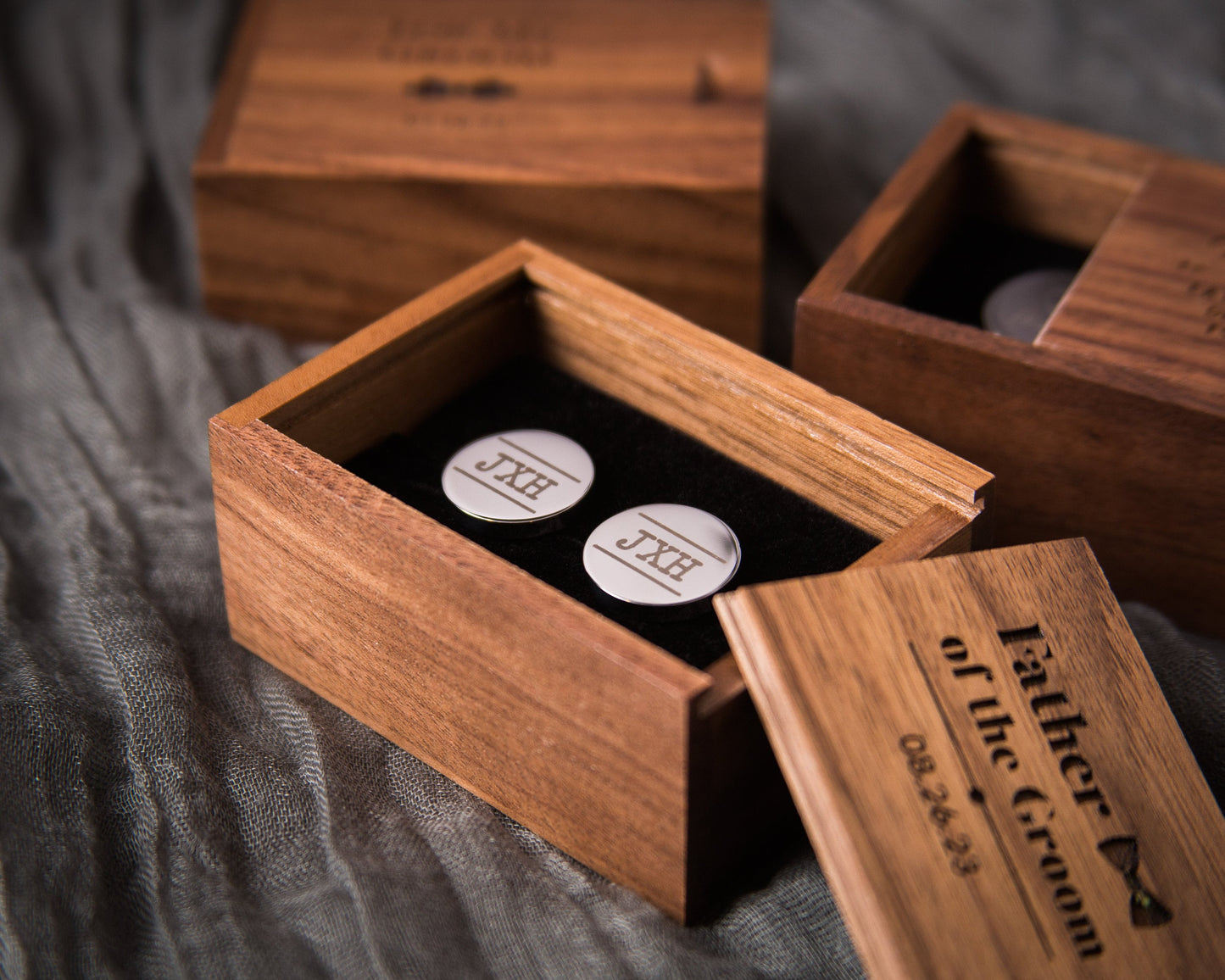 Metal Cufflinks & Tall Walnut Box SET - Custom Wedding Gift for Groomsmen Best Man Groom Father of the Bride, Husband Anniversary Gift
