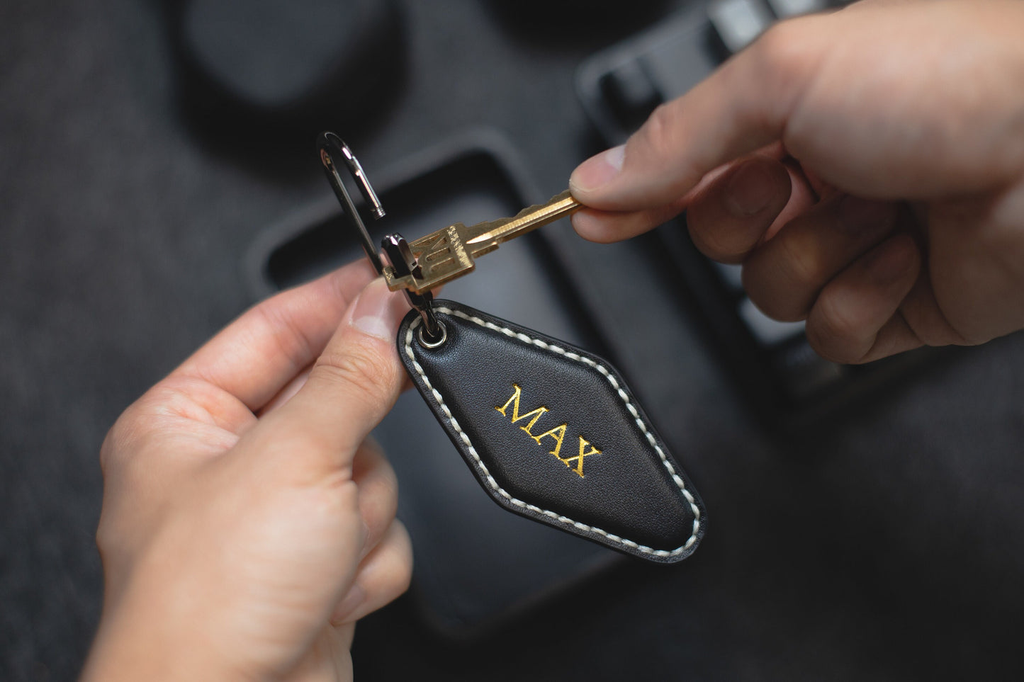 Embossed Diamond Leather Keychains (Name) - Personalized Leather Key Holder Organizer, Anniversary Birthday Travel Military Officer Gift