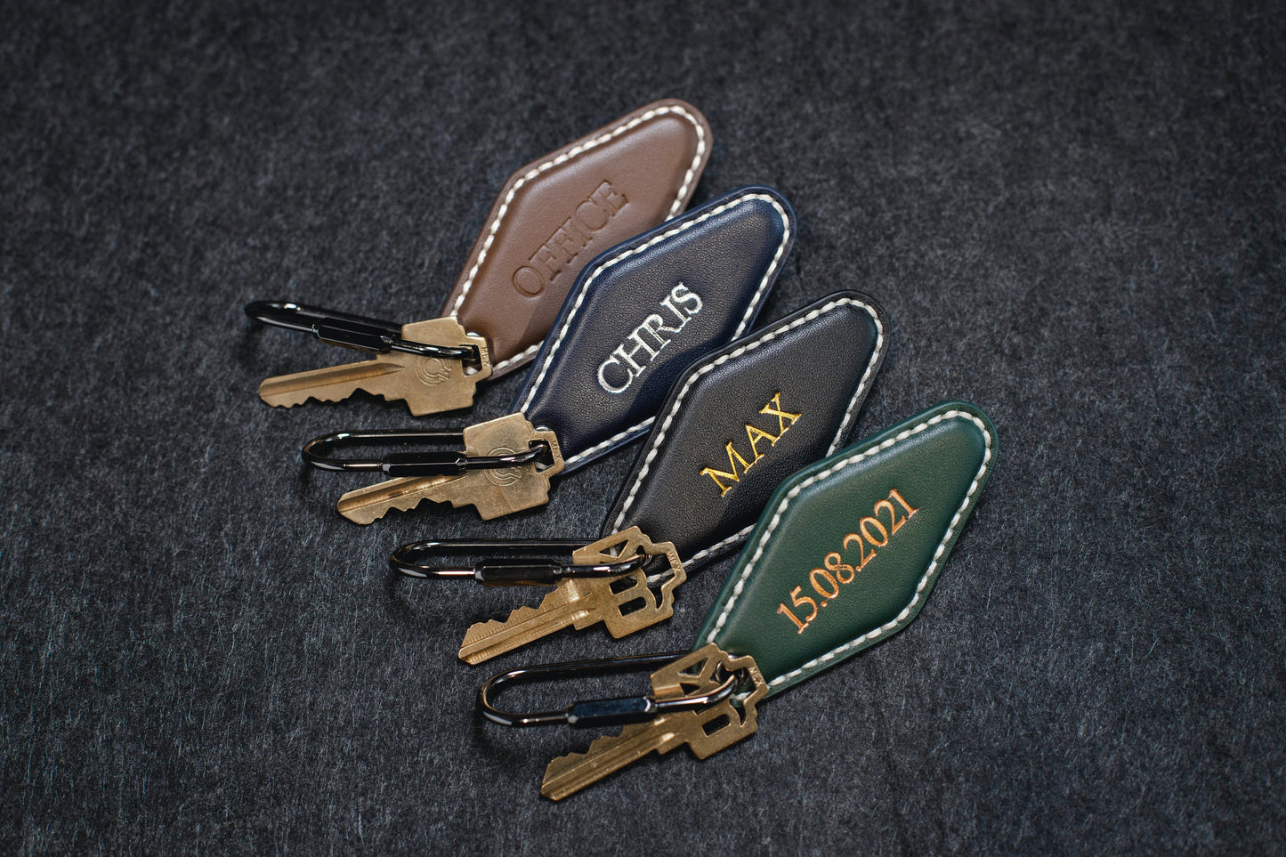 Embossed Diamond Leather Keychains (Name) - Personalized Leather Key Holder Organizer, Anniversary Birthday Travel Military Officer Gift