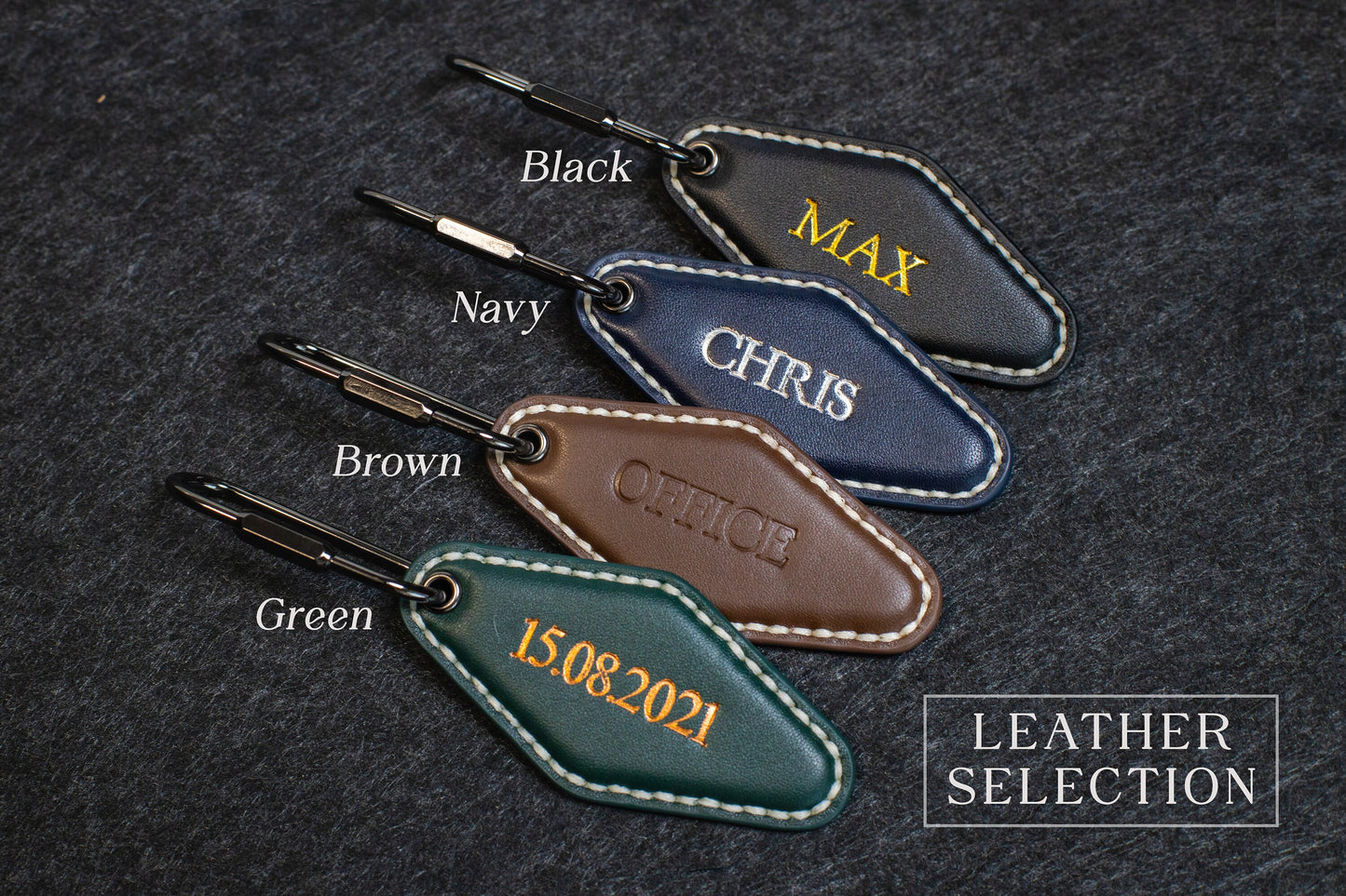 Embossed Diamond Leather Keychains (Name) - Personalized Leather Key Holder Organizer, Anniversary Birthday Travel Military Officer Gift