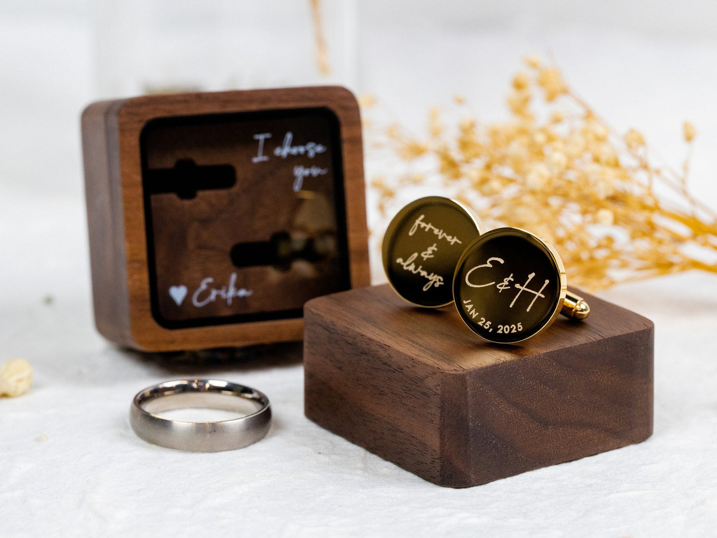 Metal Cufflinks & Square Box w Glass Lid (Set) - I Choose You Wedding Day Personalized Cuff links Gift for Groom Future Husband From Bride