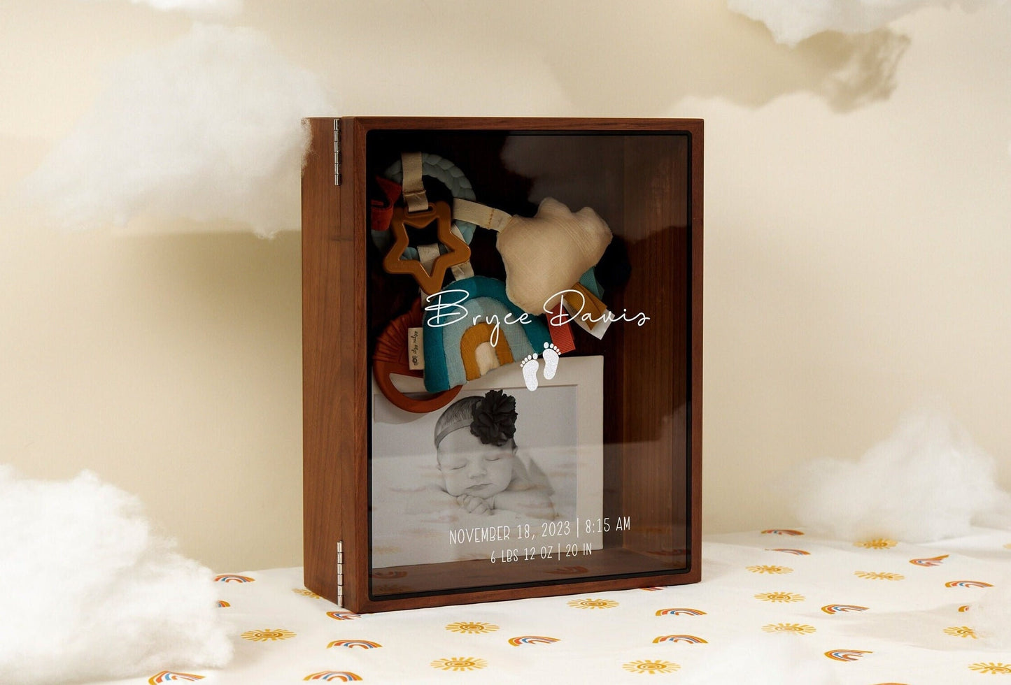 8x10 Shadow Box with Glass Lid (Design 5) - Personalized Baby Memories Infant Child Memento Birth Stats Keepsake Newborn Gift for New Mom