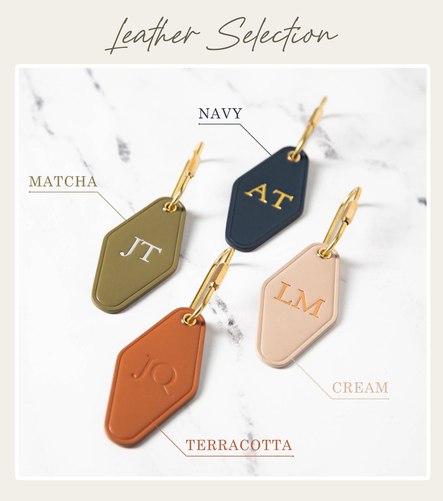 Embossed Diamond Leather Keychain (Initials) - Modern Key Rings, Custom Monogrammed Vintage Style Personalized Hotel Motel Office Key Chains