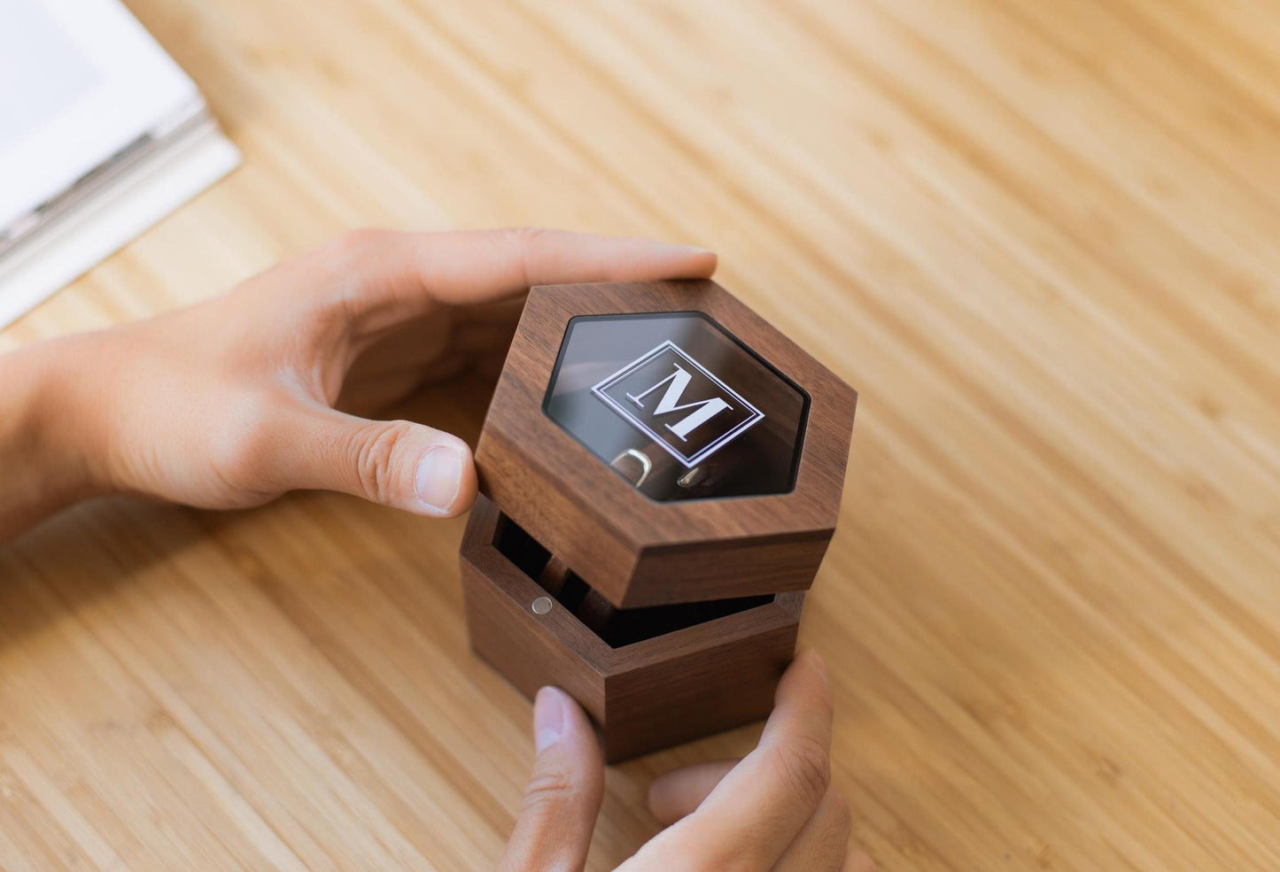 Hexagon Watch Box w/ Glass Top & Pillow (Watch NOT Included) - Wood Apple Watch Gift Box, Wedding Day Groom Gift, Reverse Proposal Box