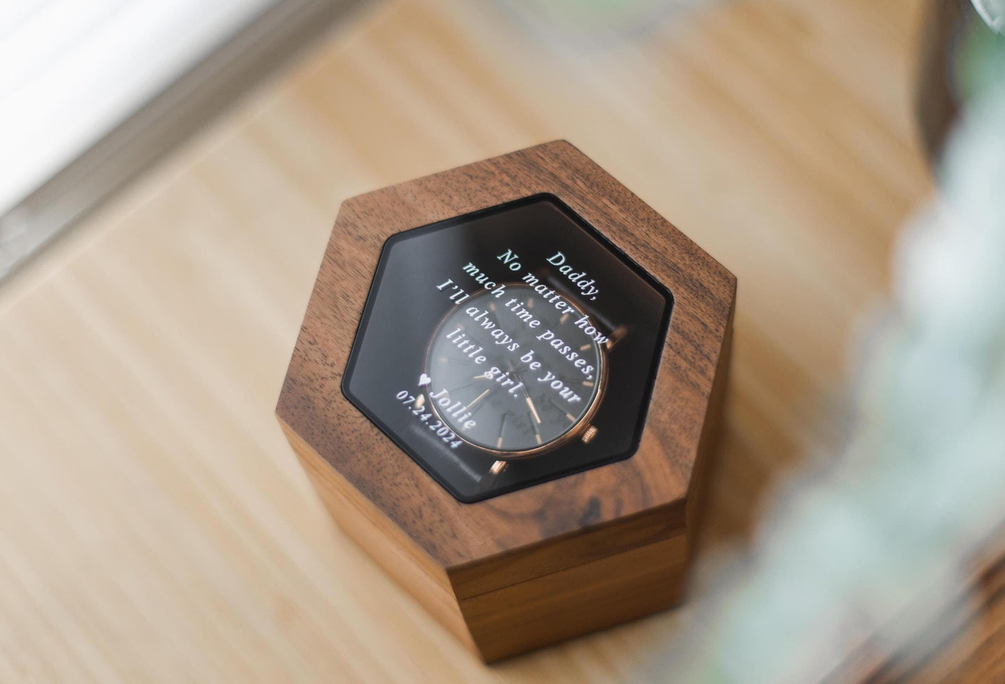 Hexagon Watch Box w/ Glass Top & Pillow (Watch NOT Included) - Wood Apple Watch Gift Box, Wedding Day Groom Gift, Reverse Proposal Box