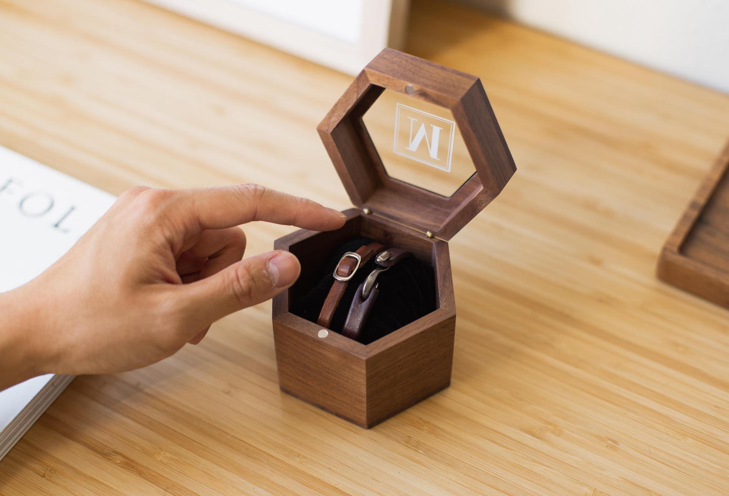 Hexagon Watch Box w/ Glass Top & Pillow (Watch NOT Included) - Wood Apple Watch Gift Box, Wedding Day Groom Gift, Reverse Proposal Box