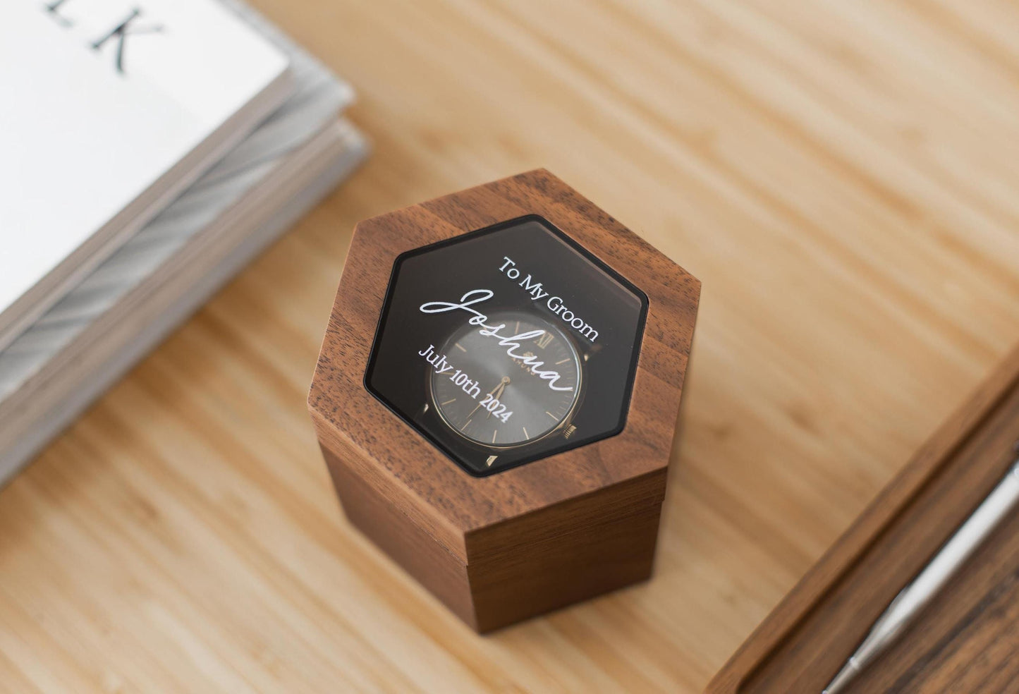 Hexagon Watch Box w/ Glass Top & Pillow (Watch NOT Included) - Wood Apple Watch Gift Box, Wedding Day Groom Gift, Reverse Proposal Box