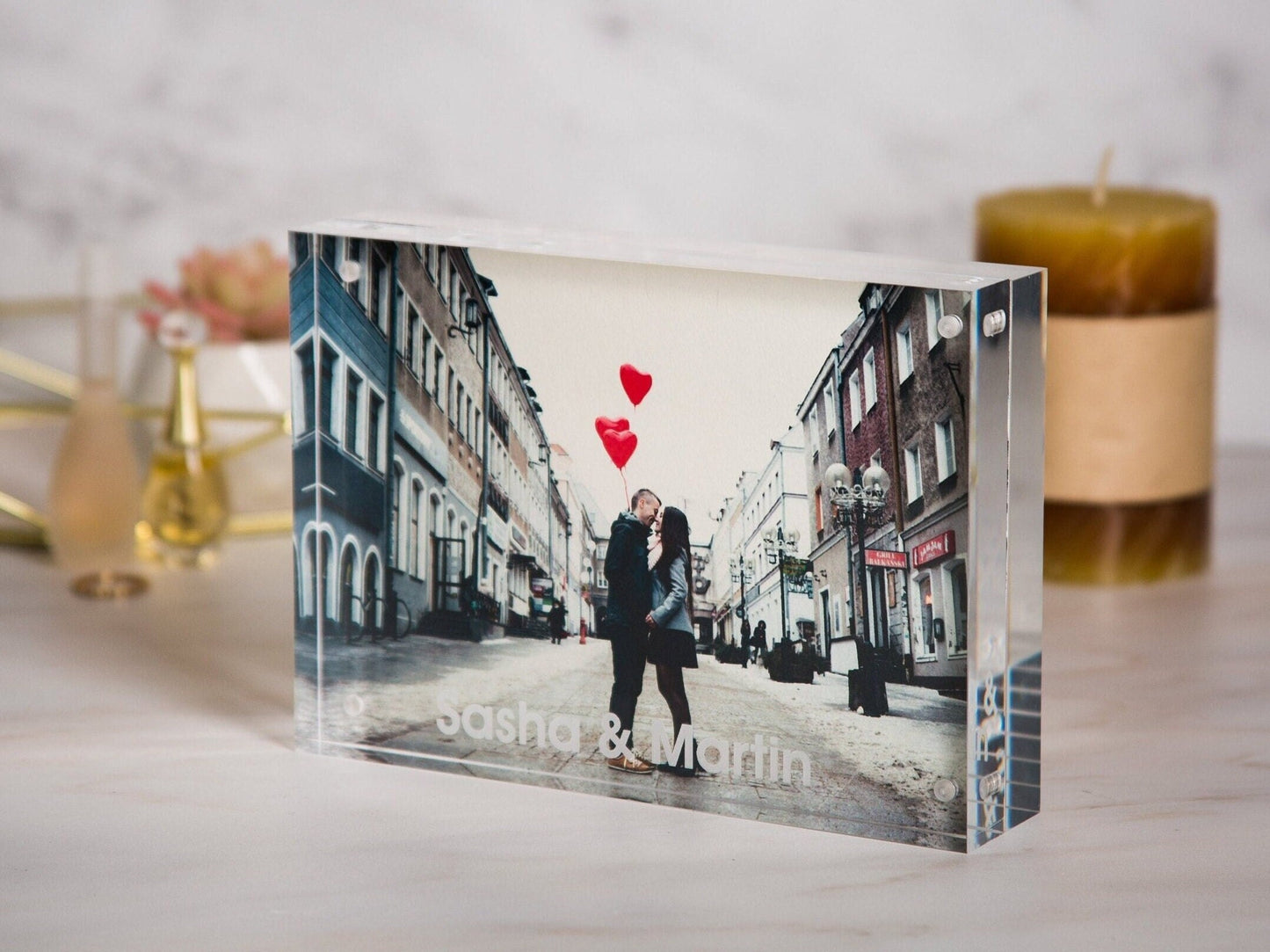 Engraved Acrylic Photo Block - New Home or Office Picture Frame Work, BFF Birthday, Engagement Wedding Gift for Couples, Bedroom Decor