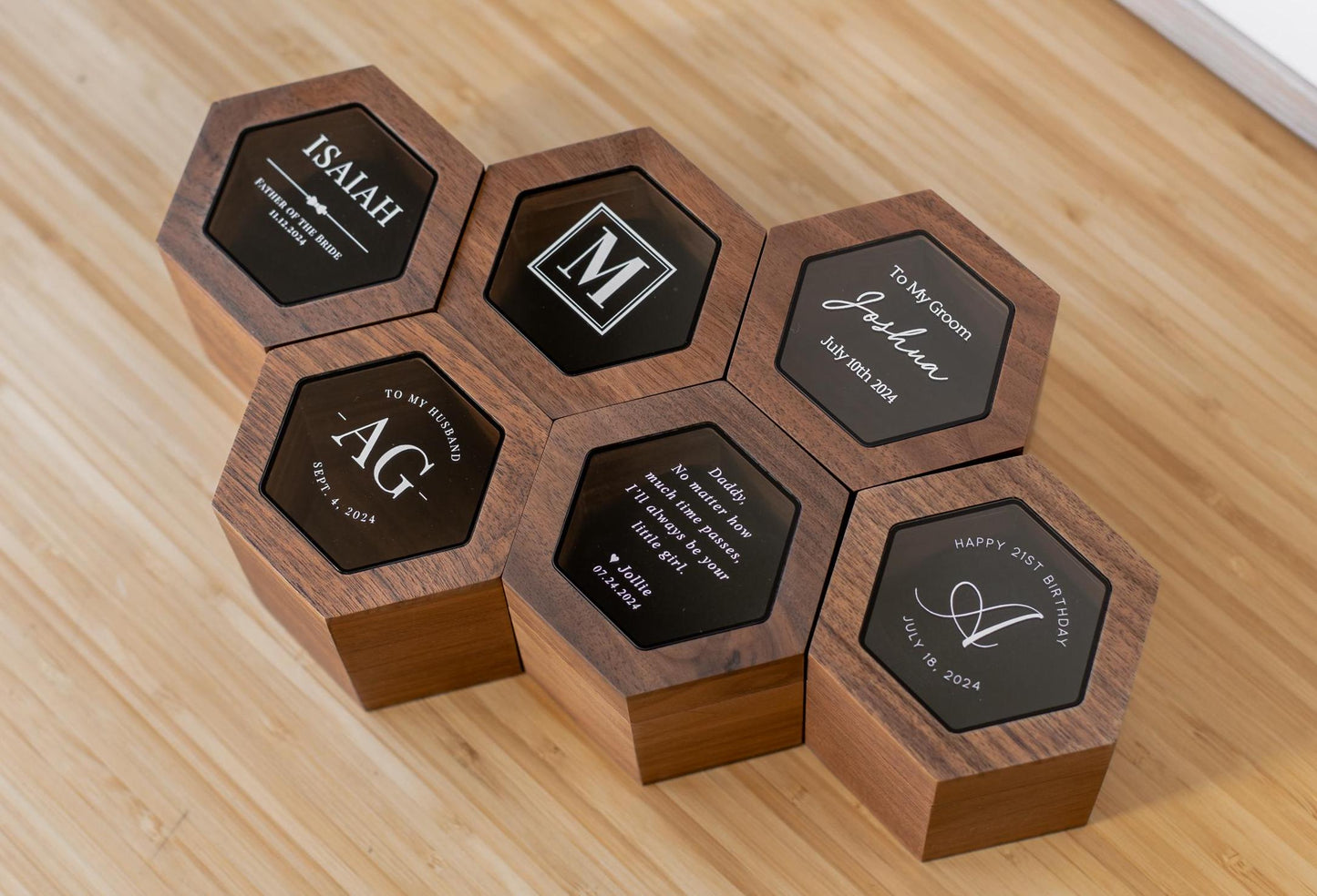 Hexagon Watch Box w/ Glass Top & Pillow (Watch NOT Included) - Wood Apple Watch Gift Box, Wedding Day Groom Gift, Reverse Proposal Box