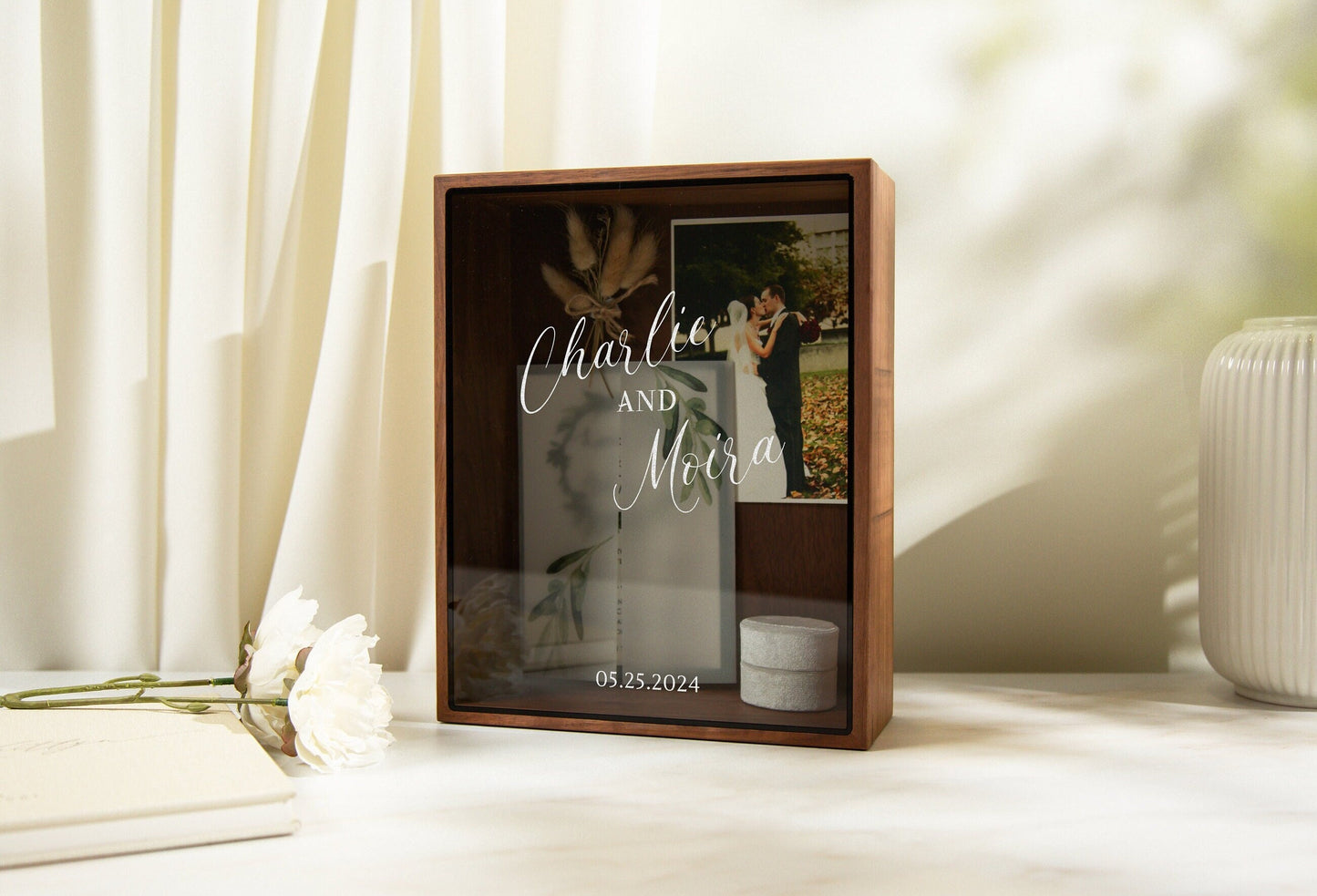 8x10 Shadow Box with Glass Lid (Design 1) - Wedding Memory Box Gift for Newlywed Couple Bride, Name and Date, Anniversary Memento Card Box