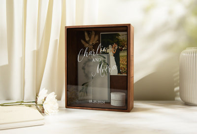 8x10 Shadow Box with Glass Lid (Design 1) - Wedding Memory Box Gift for Newlywed Couple Bride, Name and Date, Anniversary Memento Card Box