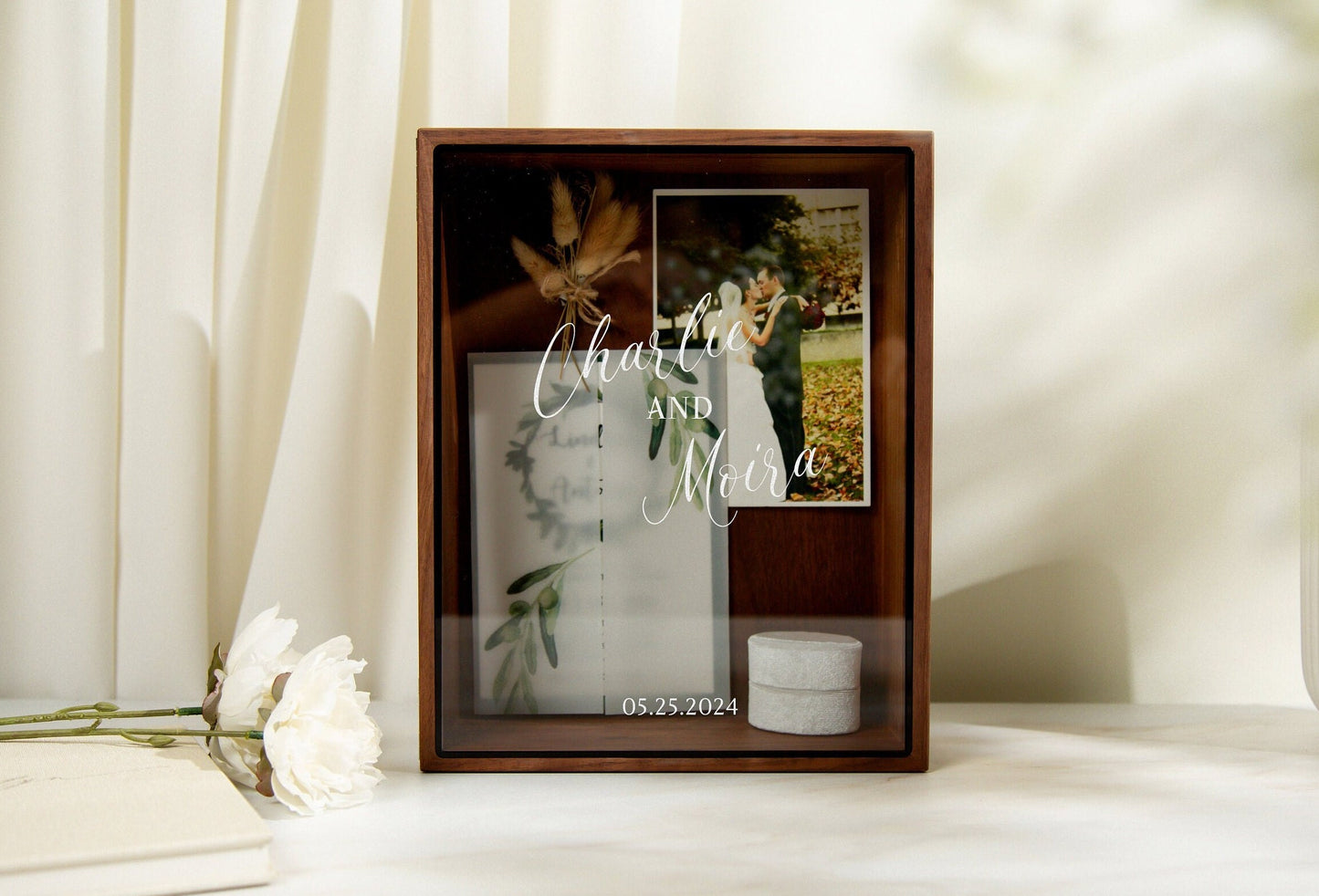 8x10 Shadow Box with Glass Lid (Design 1) - Wedding Memory Box Gift for Newlywed Couple Bride, Name and Date, Anniversary Memento Card Box