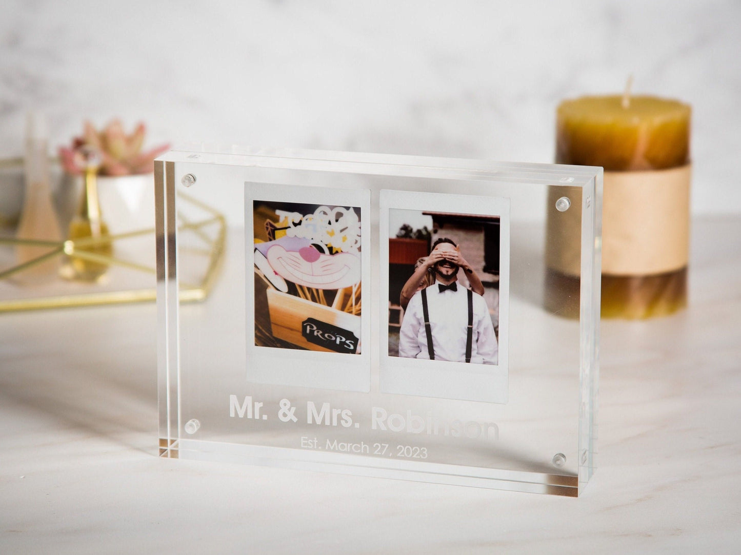 Engraved Acrylic Photo Block - New Home or Office Picture Frame Work, BFF Birthday, Engagement Wedding Gift for Couples, Bedroom Decor