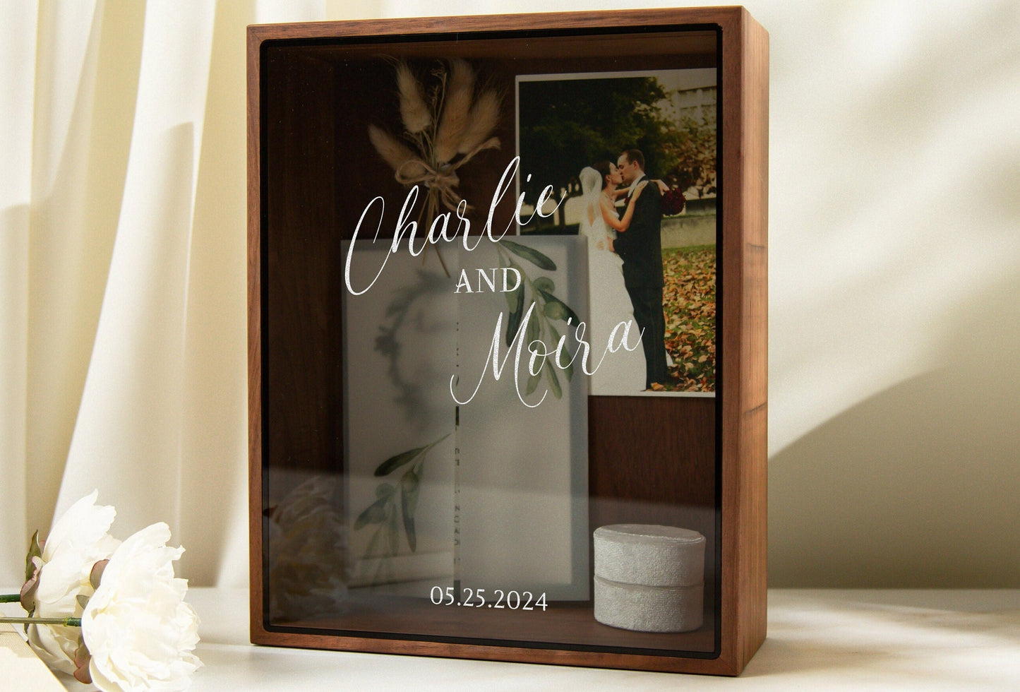 8x10 Shadow Box with Glass Lid (Design 1) - Wedding Memory Box Gift for Newlywed Couple Bride, Name and Date, Anniversary Memento Card Box