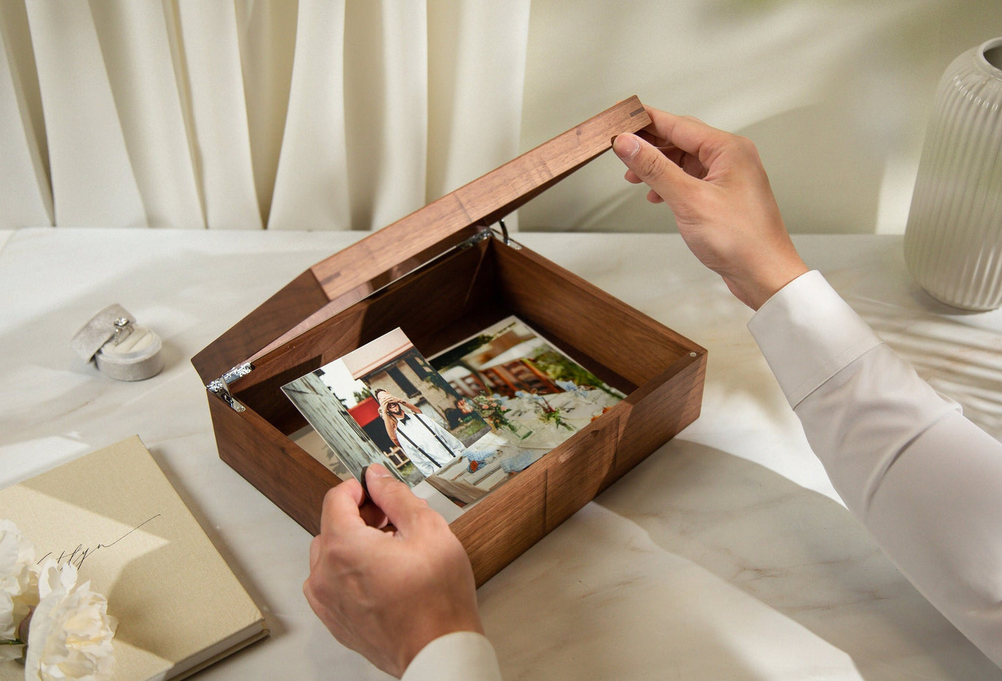 8x10 Shadow Box with Glass Lid (Design 1) - Wedding Memory Box Gift for Newlywed Couple Bride, Name and Date, Anniversary Memento Card Box