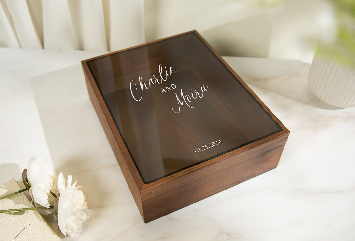 8x10 Shadow Box with Glass Lid (Design 1) - Wedding Memory Box Gift for Newlywed Couple Bride, Name and Date, Anniversary Memento Card Box