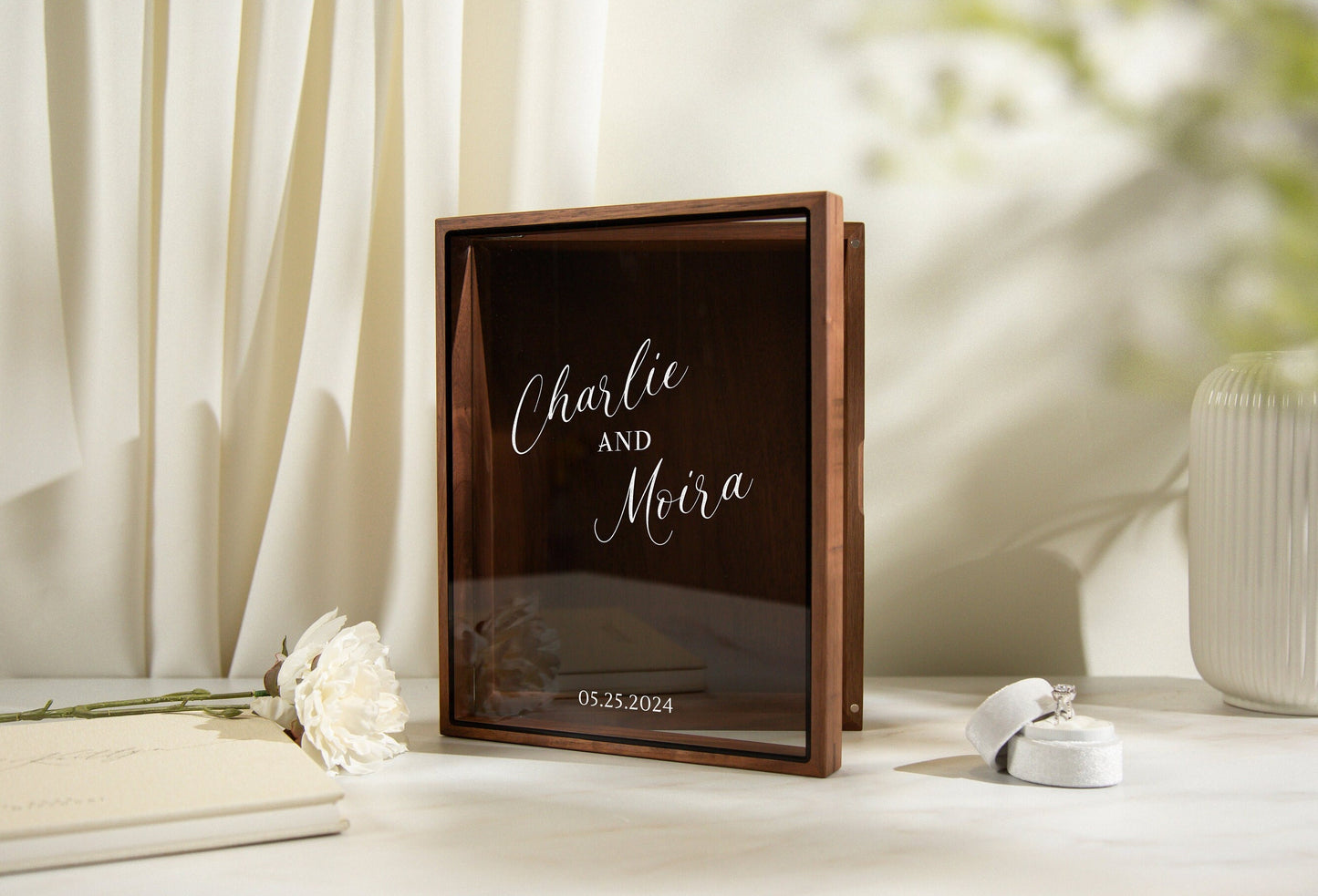 8x10 Shadow Box with Glass Lid (Design 1) - Wedding Memory Box Gift for Newlywed Couple Bride, Name and Date, Anniversary Memento Card Box