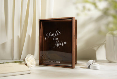 8x10 Shadow Box with Glass Lid (Design 1) - Wedding Memory Box Gift for Newlywed Couple Bride, Name and Date, Anniversary Memento Card Box