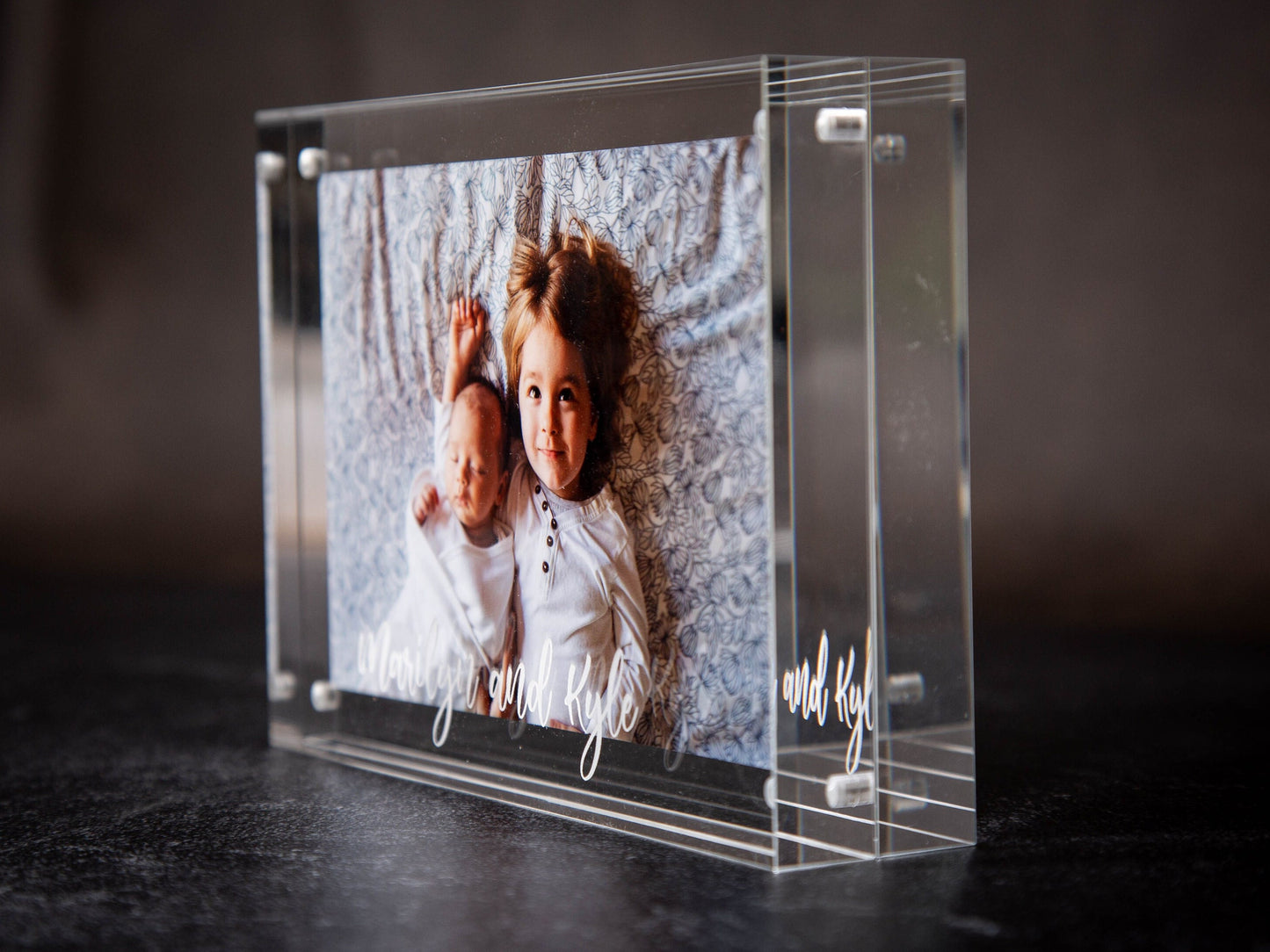 Engraved Acrylic Photo Block - New Home Office Business Modern Picture Frame, Anniversary Gift for Husband Wife First Birthday Baby Photo