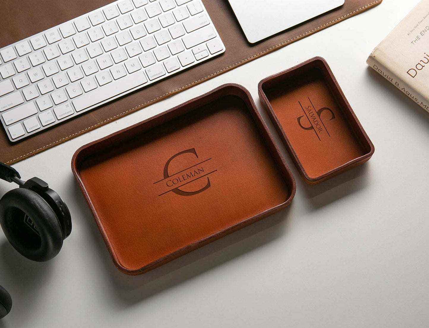 Vegetable Tanned Hard Leather Valet (Design 1) - 3 Year Anniversary Gift for Him Husband Fiancé, Catchall Storage for Desk Dad, Dump Tray