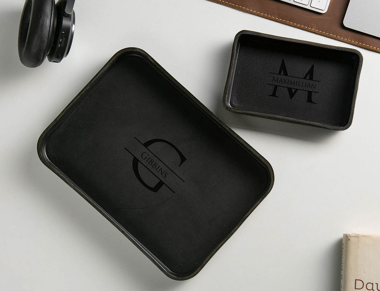 Vegetable Tanned Hard Leather Valet (Design 1) - 3 Year Anniversary Gift for Him Husband Fiancé, Catchall Storage for Desk Dad, Dump Tray