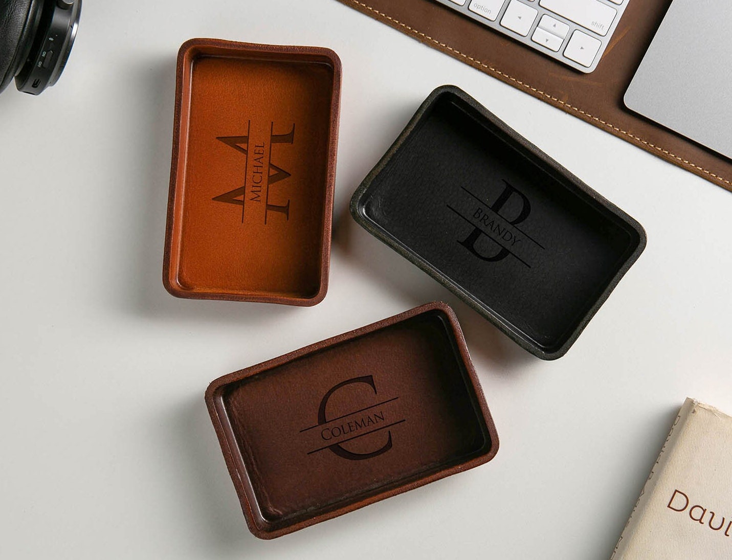 Vegetable Tanned Hard Leather Valet (Design 1) - 3 Year Anniversary Gift for Him Husband Fiancé, Catchall Storage for Desk Dad, Dump Tray